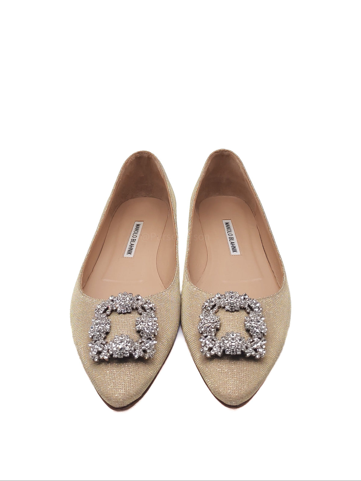 Manolo Blahnik Hangisi Flat Jewel Buckle Flat Pumps Satin in Champagne Size 40.5 EU (27.5 cm)