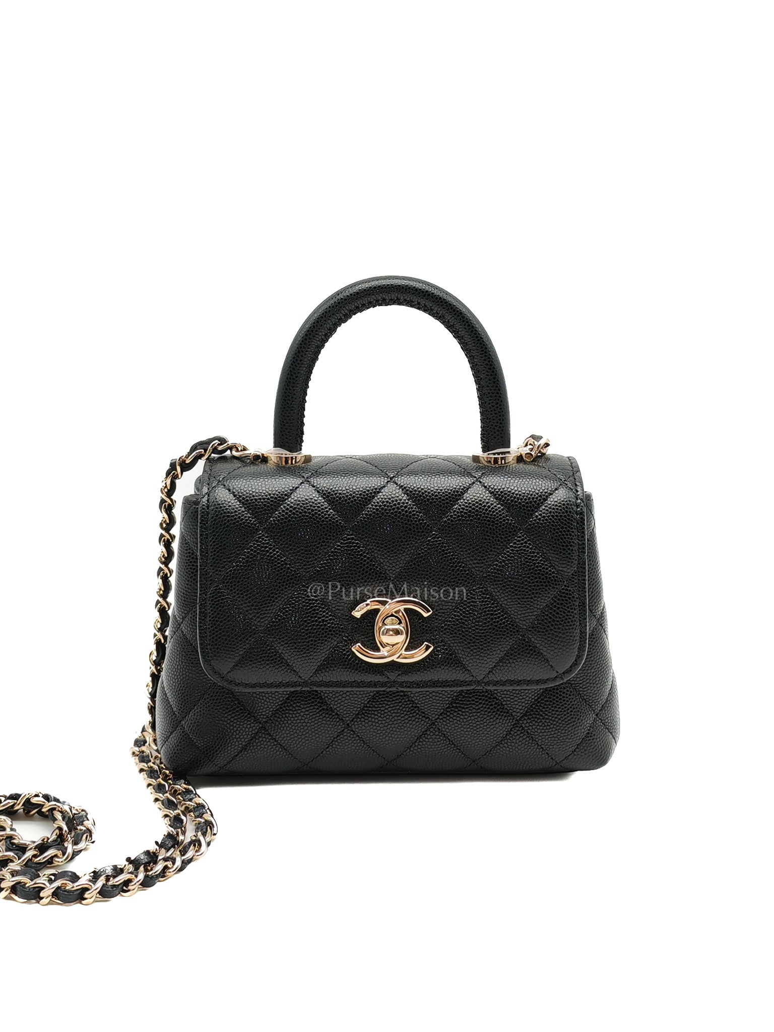 Chanel Mini Coco Handle in Black Quilted Caviar Leather and Light Gold Hardware Microchip
