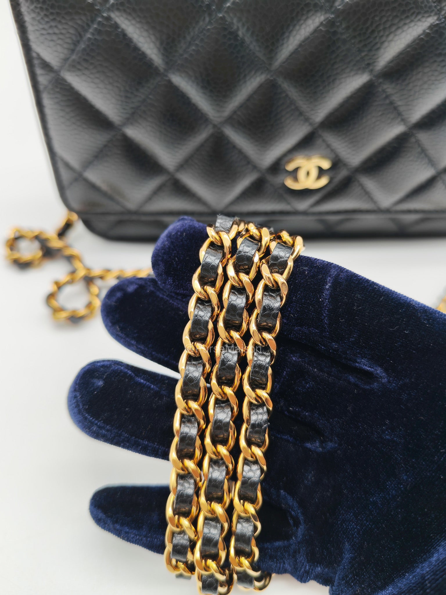 Chanel Classic Wallet on Chain (WOC) in Black Caviar Leather Gold Hardware (Microchip)
