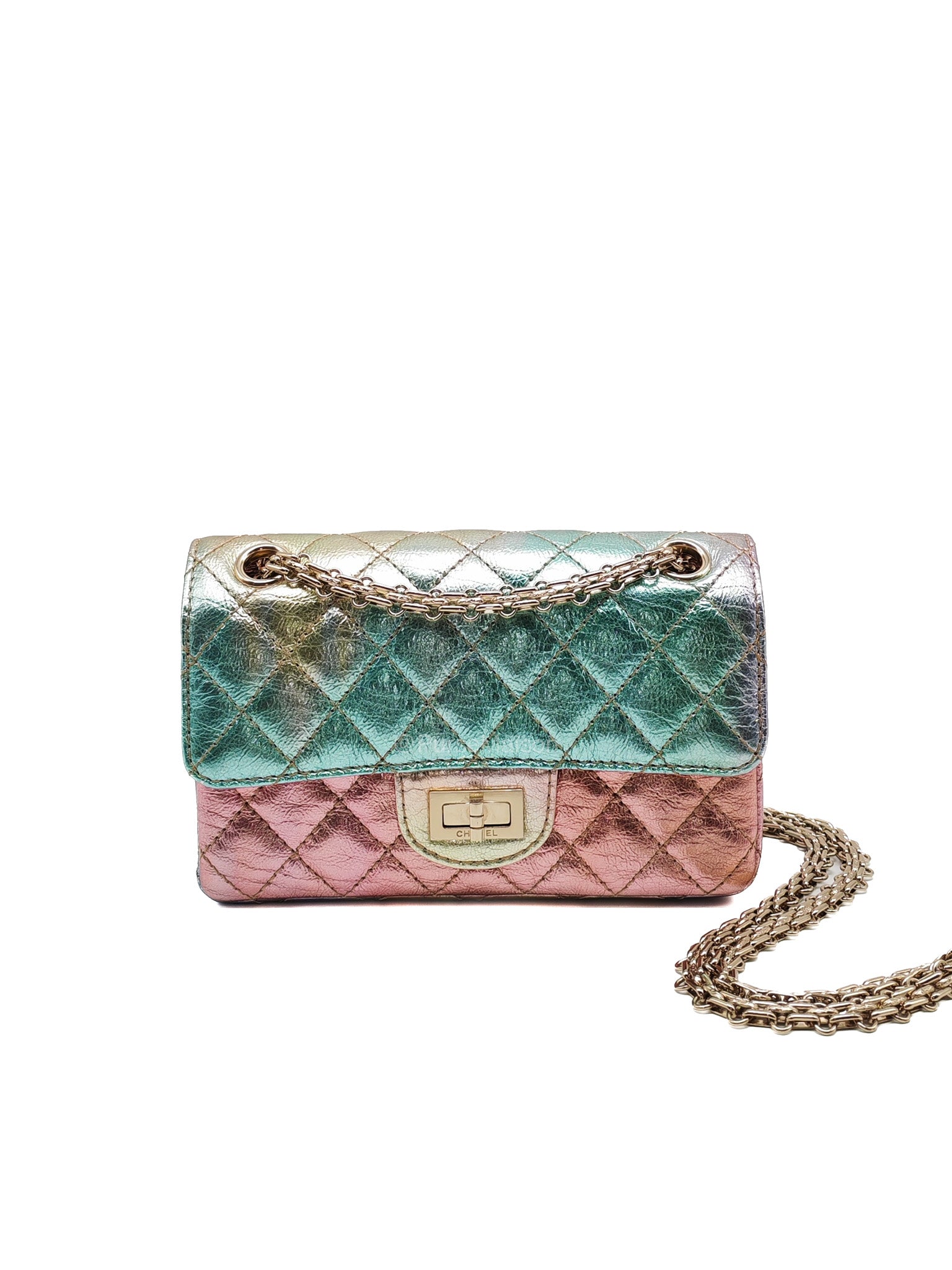 Chanel Mini Reissue 2.55 in Rainbow Metallic Goatskin Leather Light Gold Hardware (Microchip)