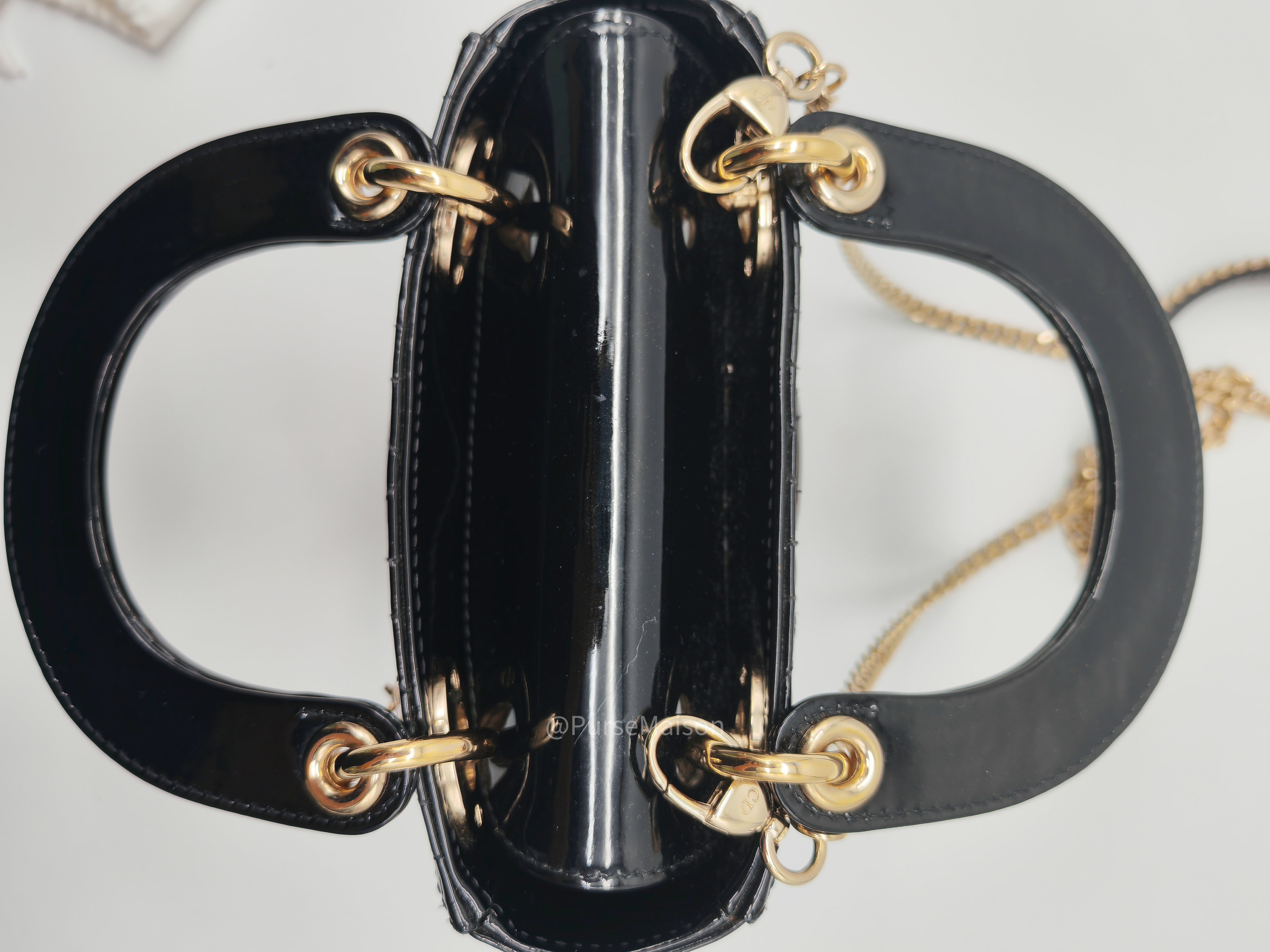 Christian Dior Lady Dior Mini Bag in Black Patent Leather Light Gold Hardware