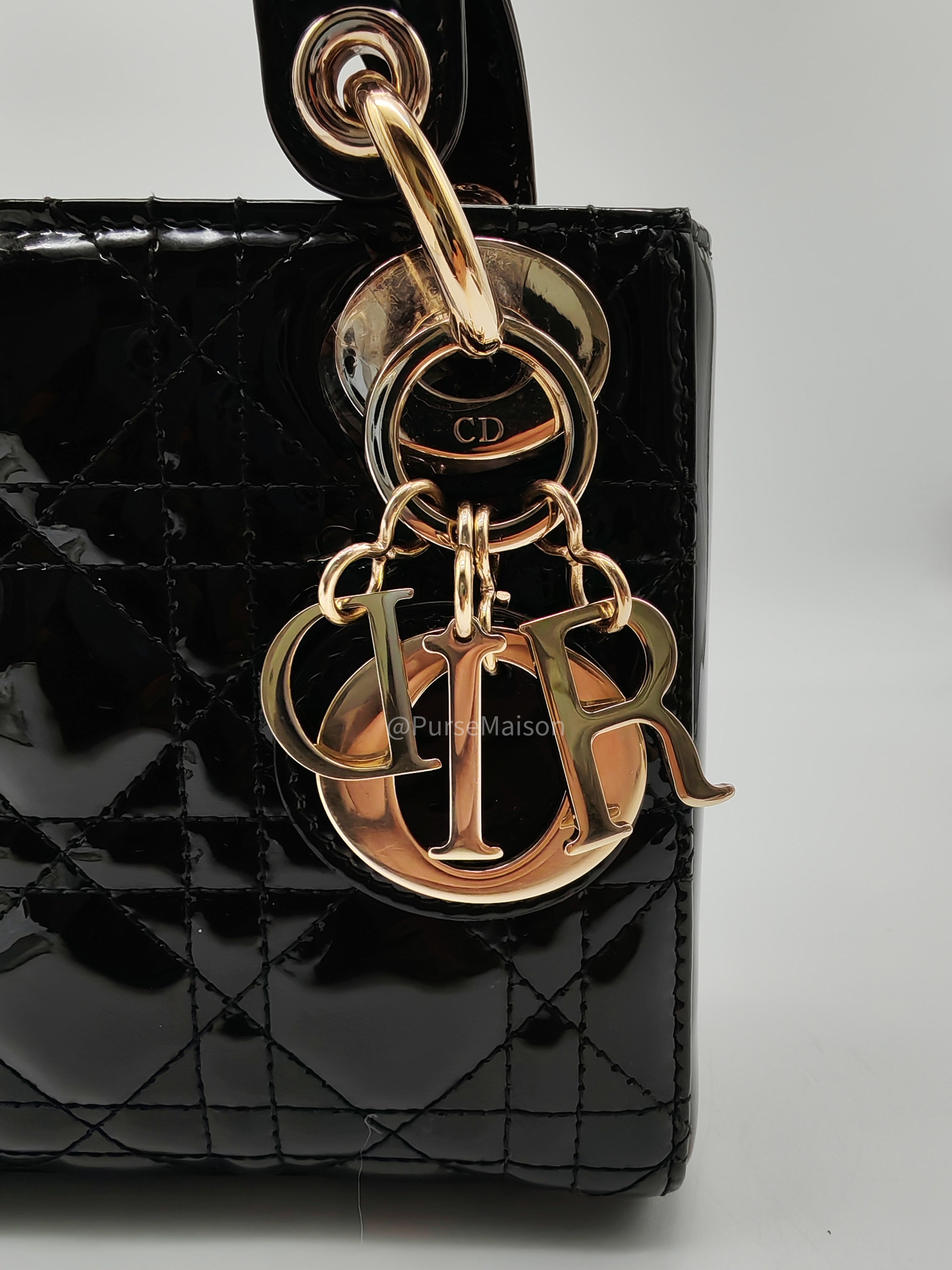 Christian Dior Lady Dior Mini Bag in Black Patent Leather Light Gold Hardware