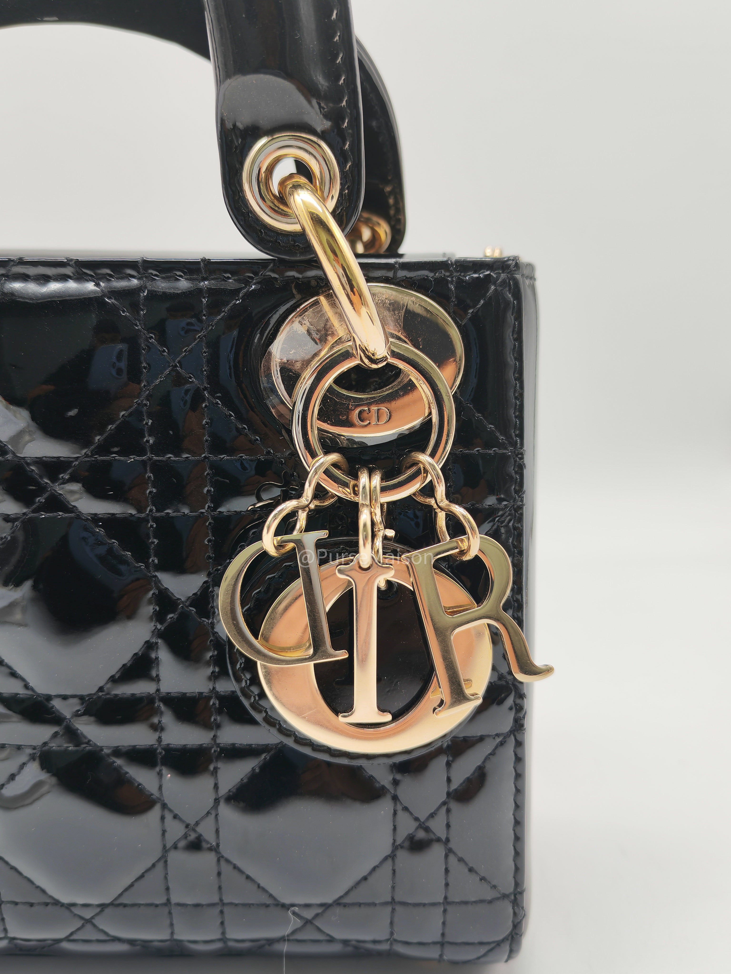 Christian Dior Lady Dior Mini Bag in Black Patent Leather Light Gold Hardware