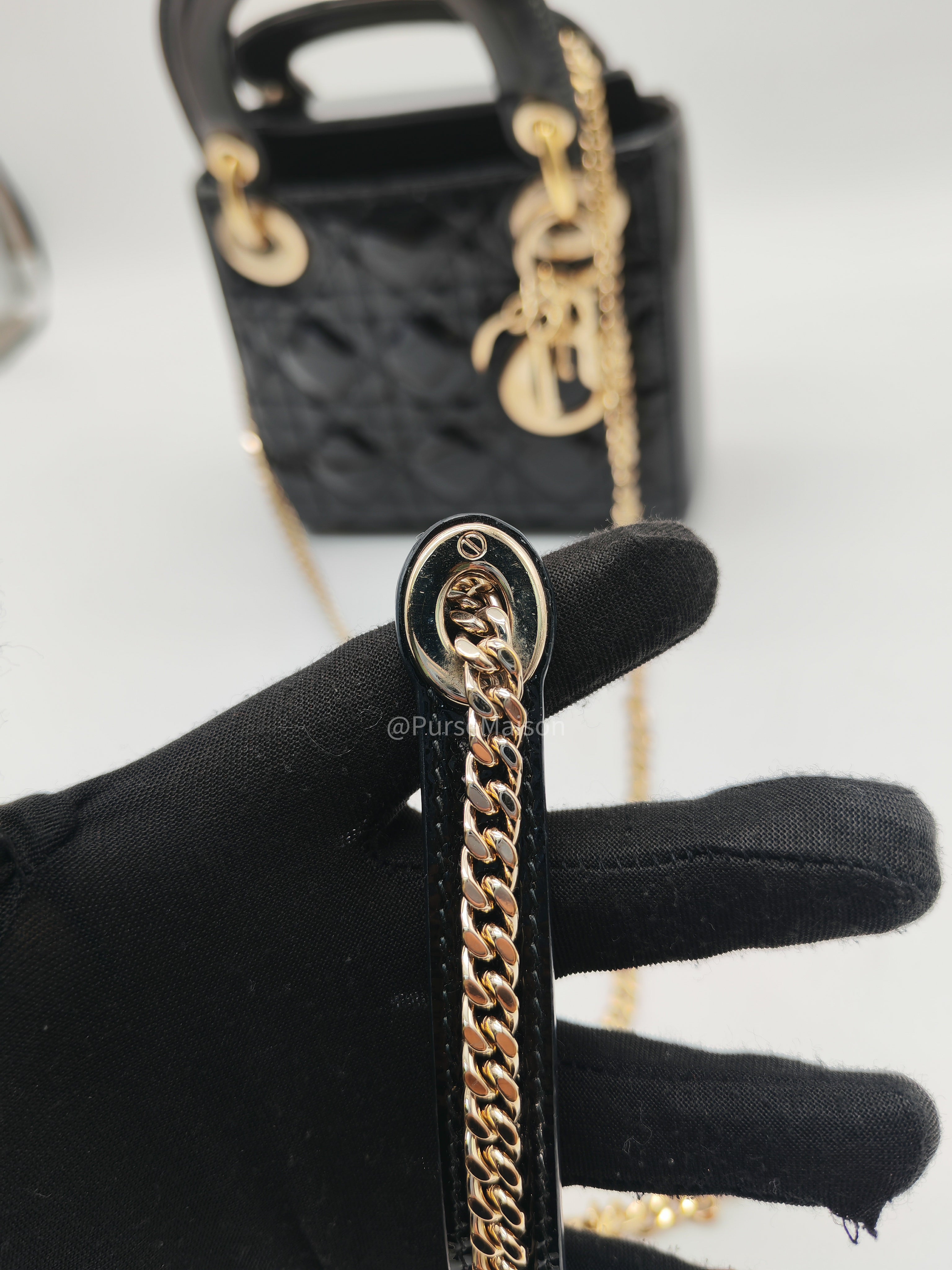 Christian Dior Lady Dior Mini Bag in Black Patent Leather Light Gold Hardware