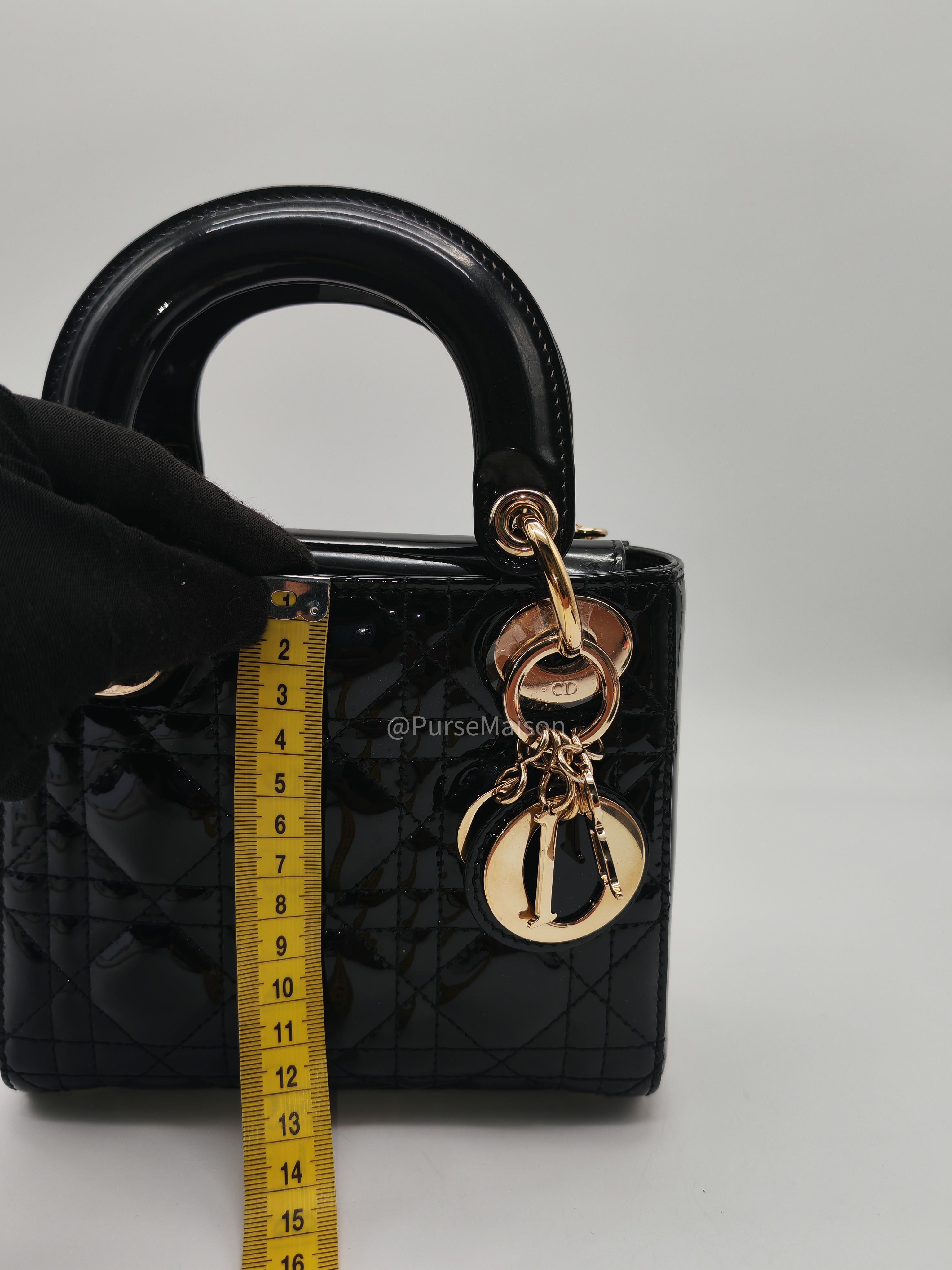 Christian Dior Lady Dior Mini Bag in Black Patent Leather Light Gold Hardware