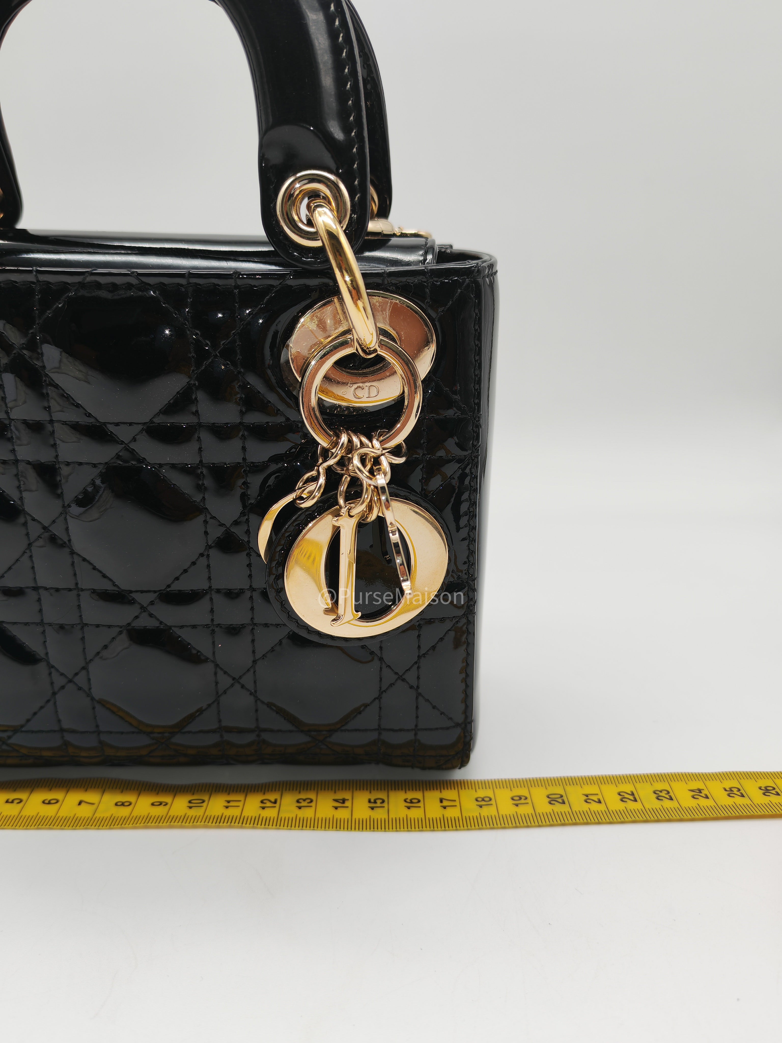Christian Dior Lady Dior Mini Bag in Black Patent Leather Light Gold Hardware