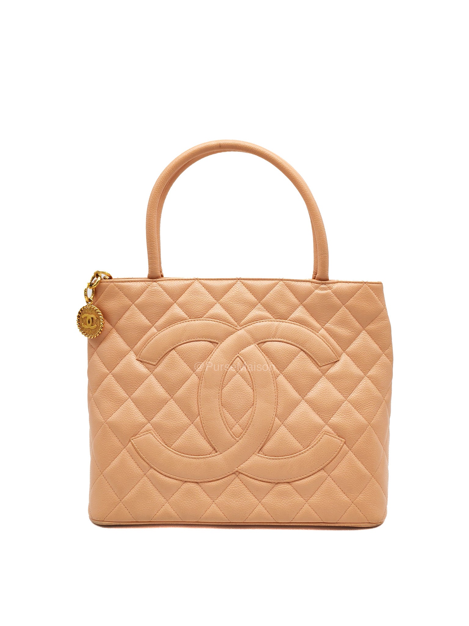 Chanel Vintage Medallion Tote Bag in Peach Caviar Leather Gold Hardware (Series 8)