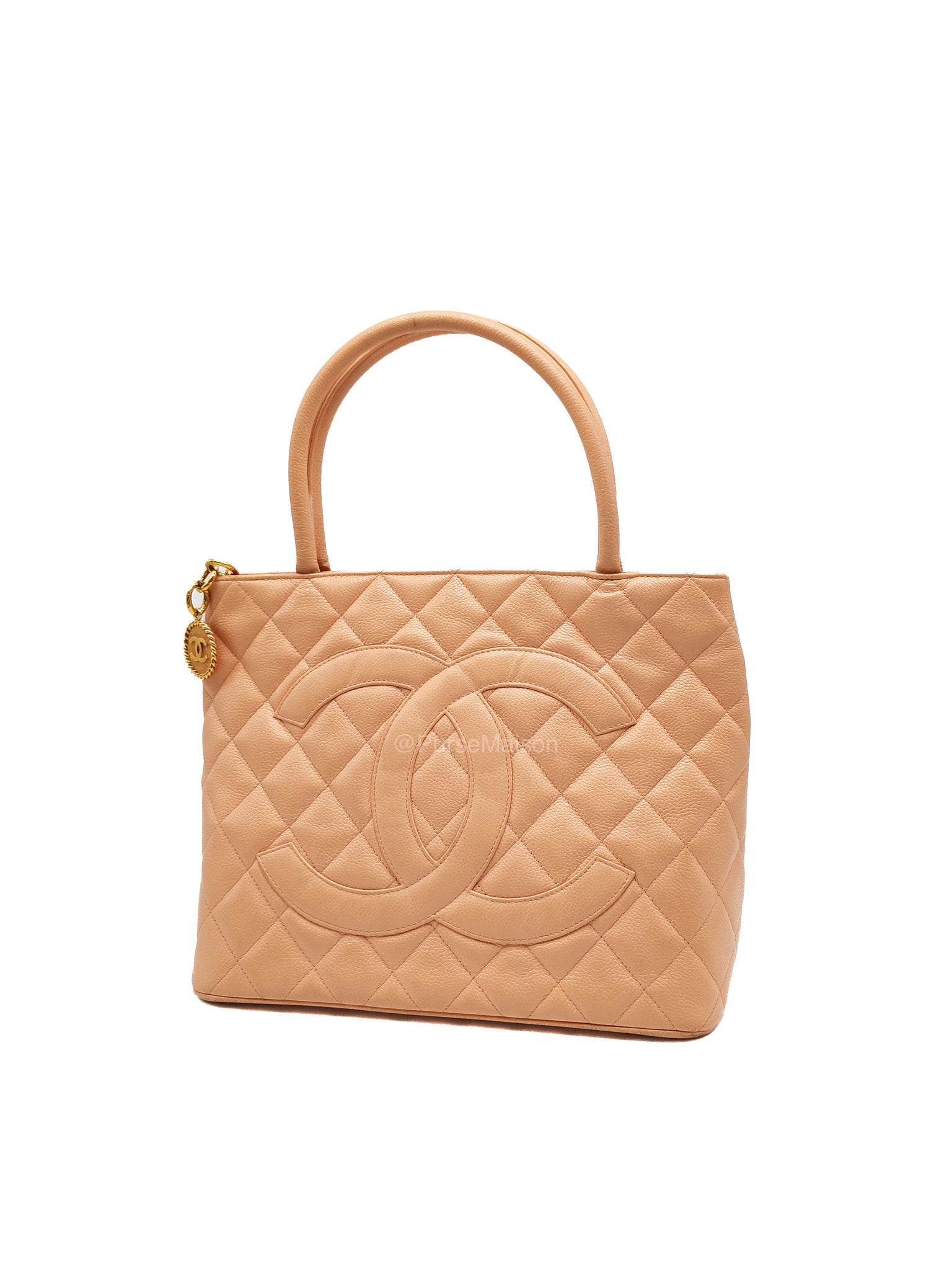 Chanel Vintage Medallion Tote Bag in Peach Caviar Leather Gold Hardware (Series 8)