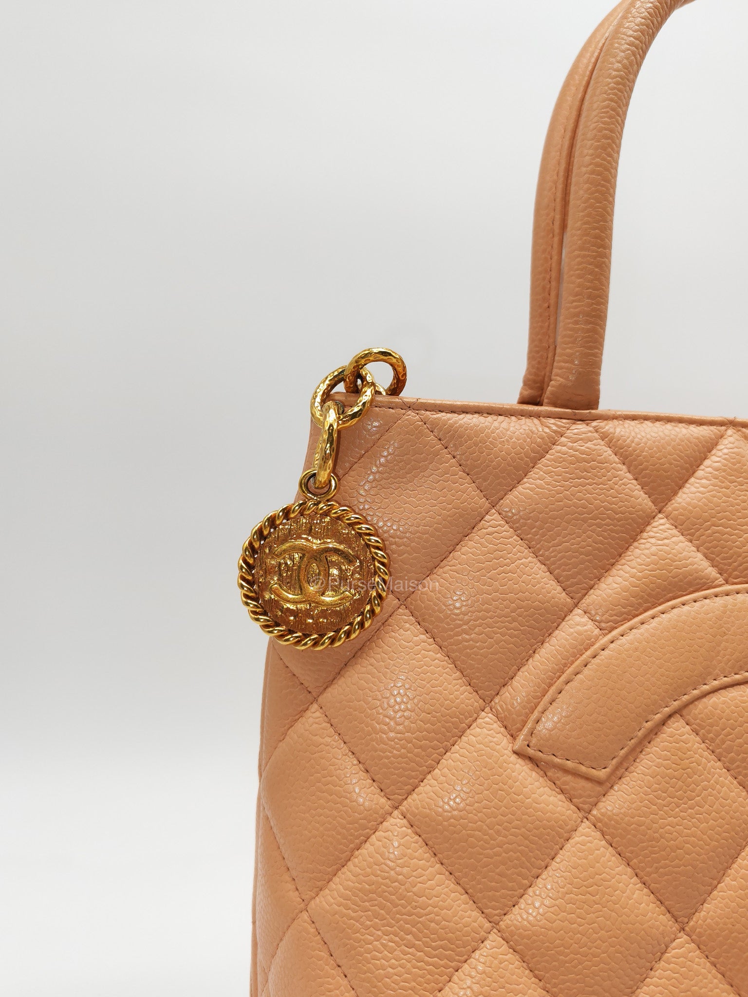 Chanel Vintage Medallion Tote Bag in Peach Caviar Leather Gold Hardware (Series 8)