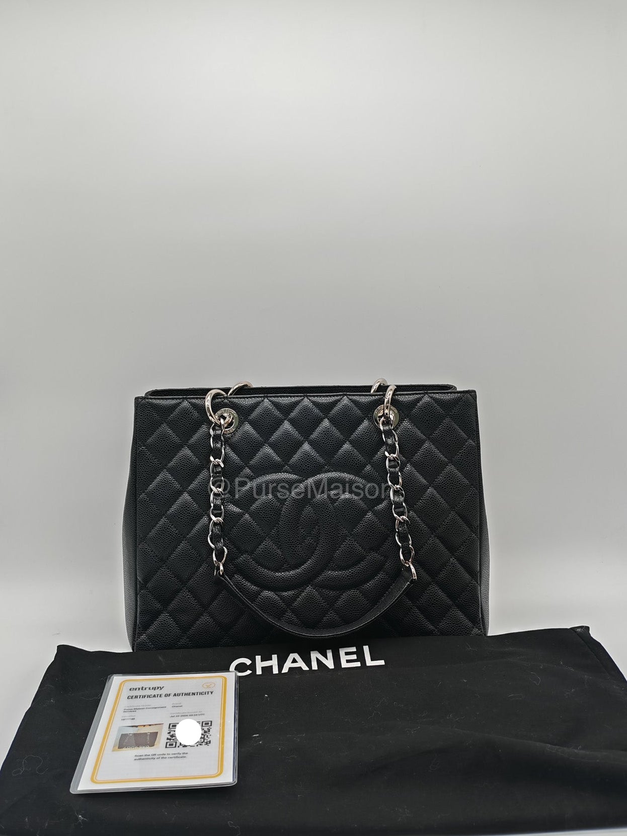 Chanel Grand Shopping Tote (GST) in Black Caviar Leather and Silver Hardware Series 18