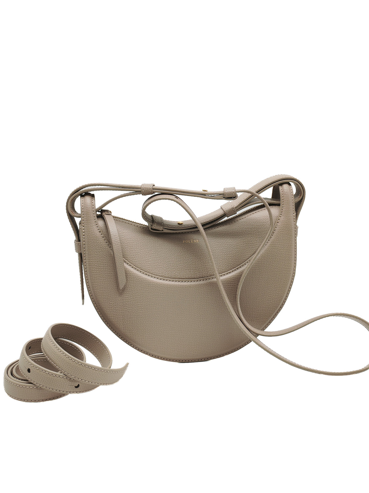 Polene Numero Dix Crossbody Bag in Textured Taupe Grained Calfskin Leather and Gold Hardware