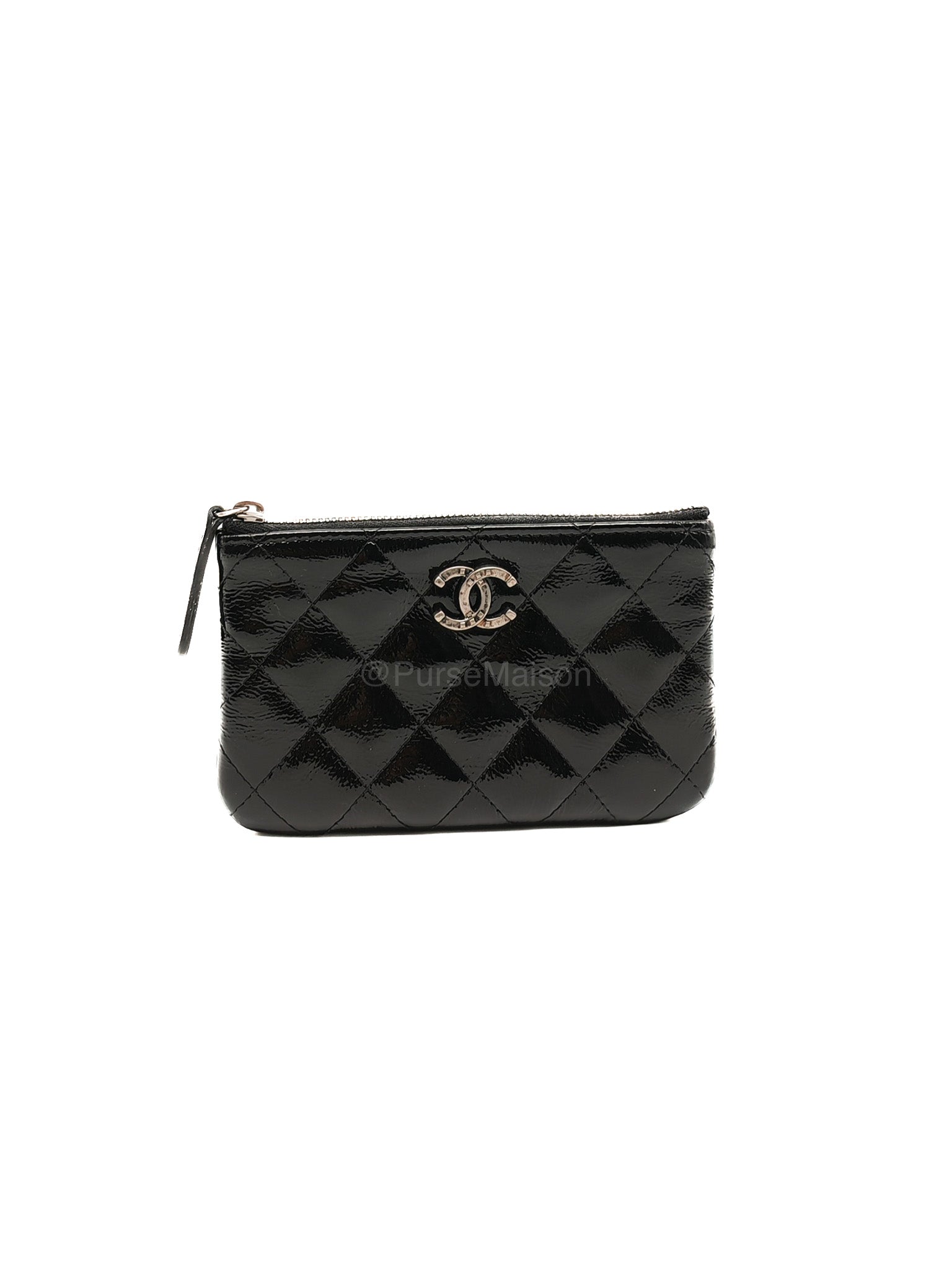 Chanel Mini O-case Coin Purse in Black Quilted Patent Leather Ruthenium Hardware Series 19