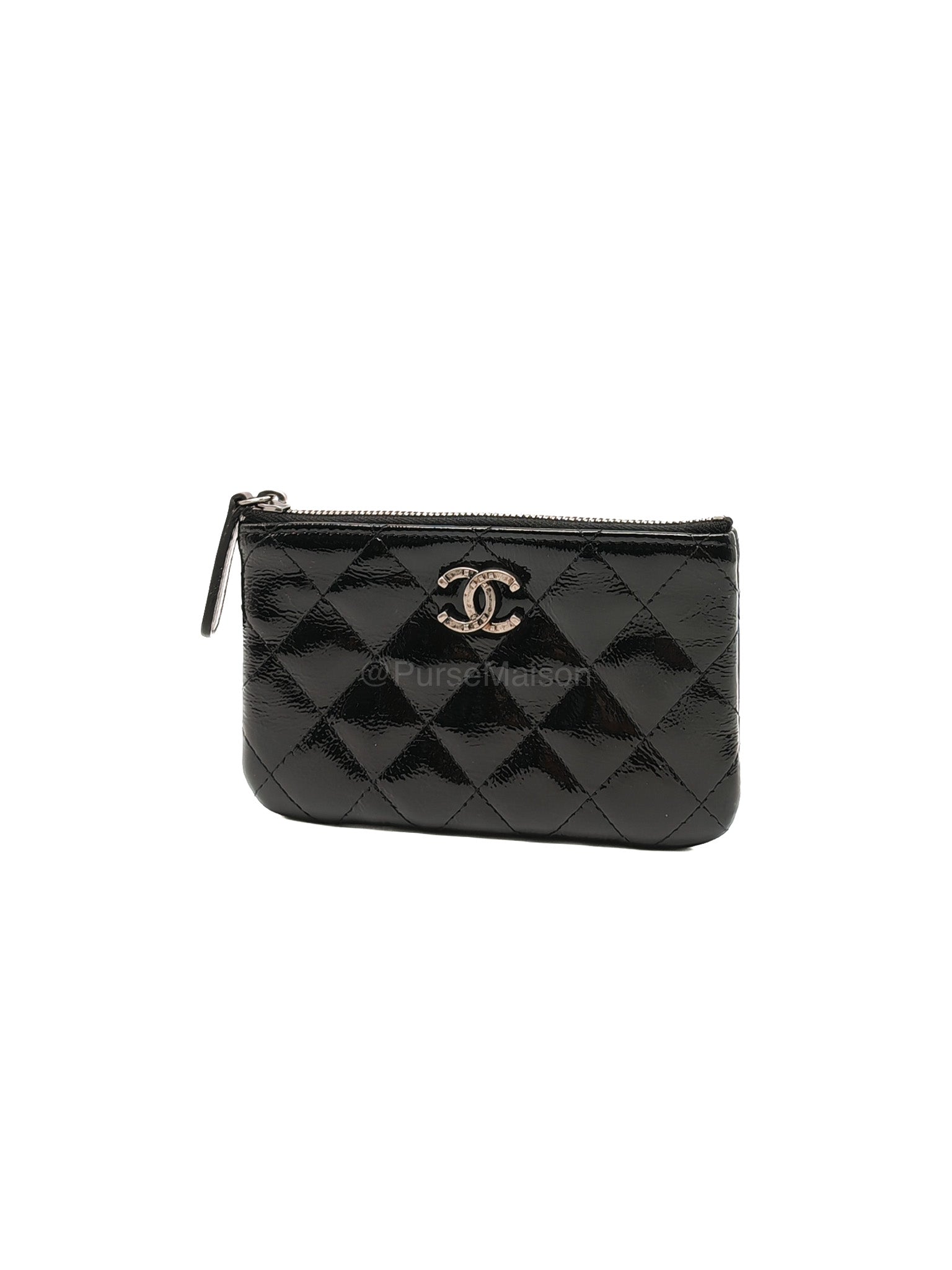 Chanel Mini O-case Coin Purse in Black Quilted Patent Leather Ruthenium Hardware Series 19