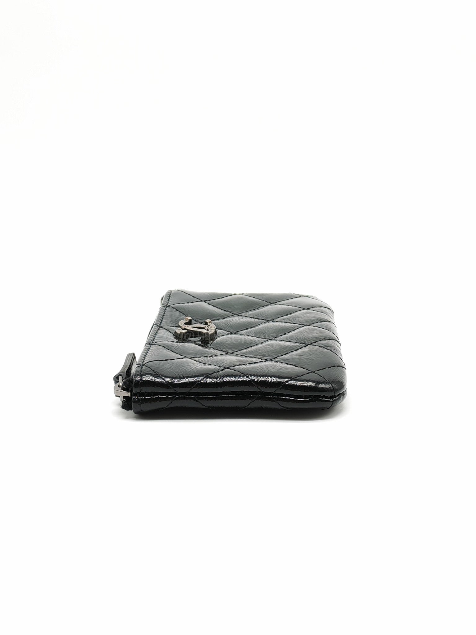 Chanel Mini O-case Coin Purse in Black Quilted Patent Leather Ruthenium Hardware Series 19