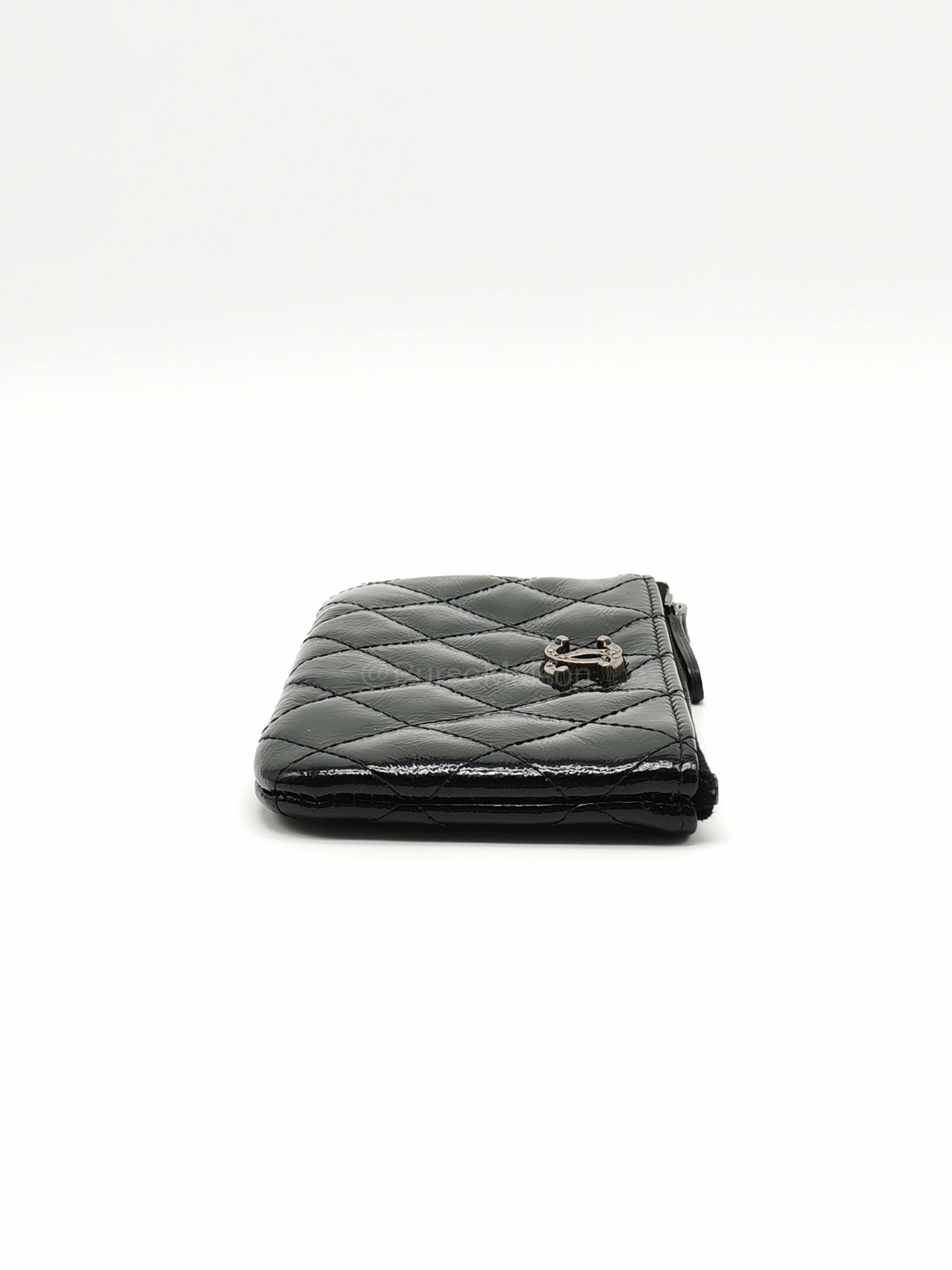 Chanel Mini O-case Coin Purse in Black Quilted Patent Leather Ruthenium Hardware Series 19