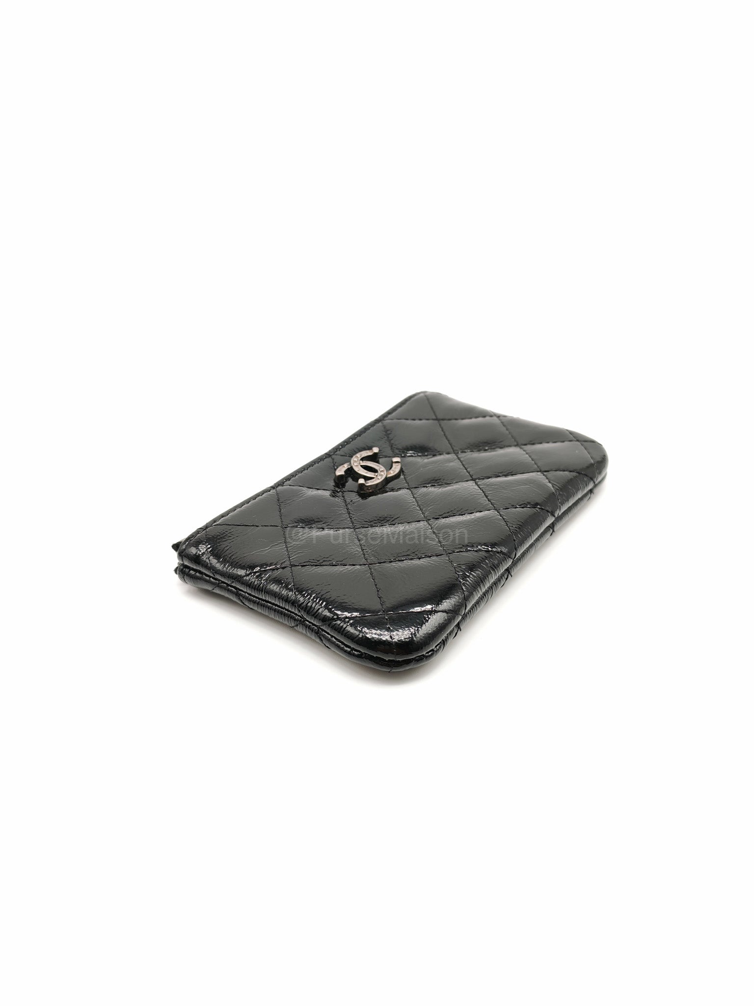 Chanel Mini O-case Coin Purse in Black Quilted Patent Leather Ruthenium Hardware Series 19