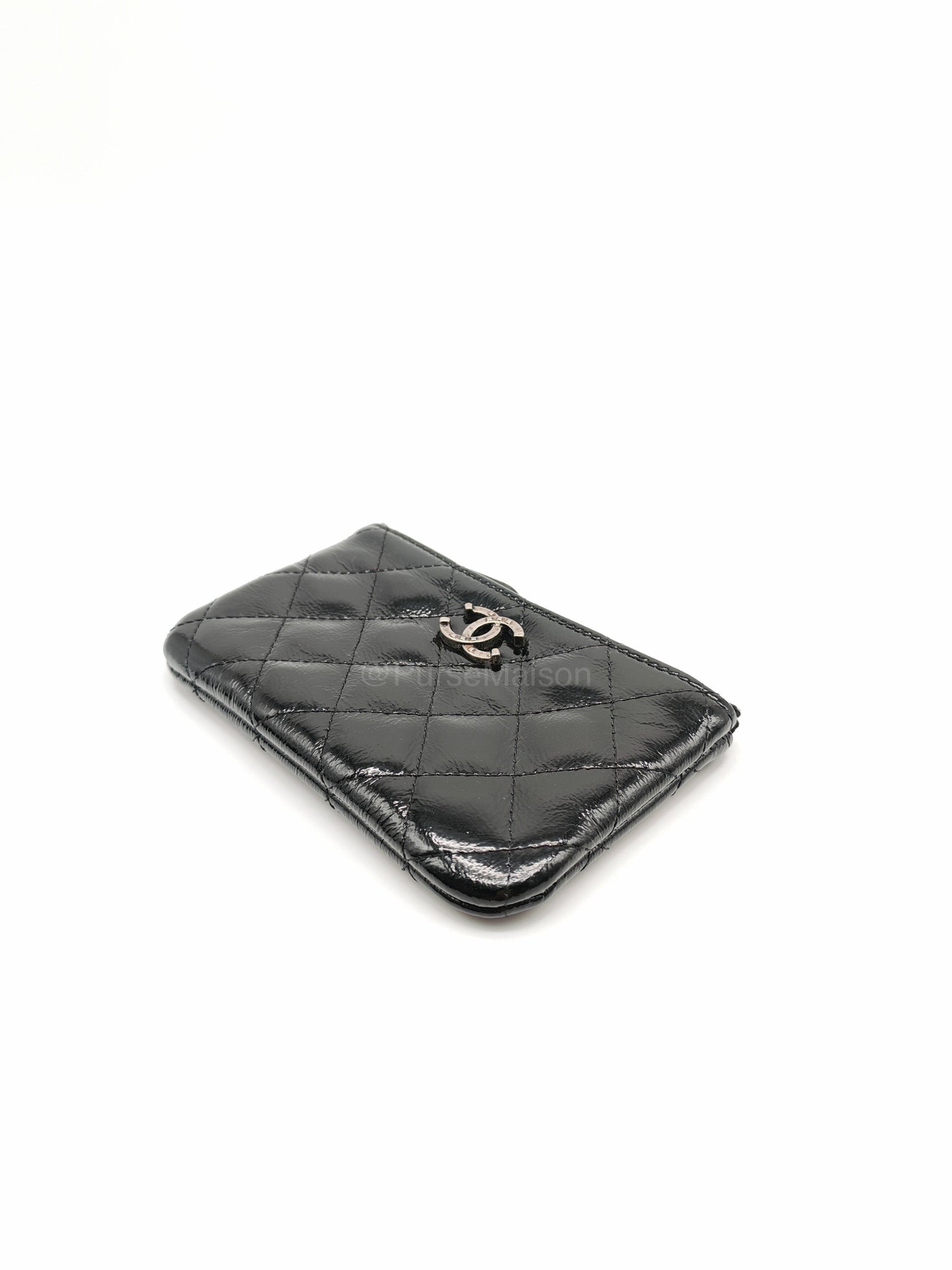 Chanel Mini O-case Coin Purse in Black Quilted Patent Leather Ruthenium Hardware Series 19