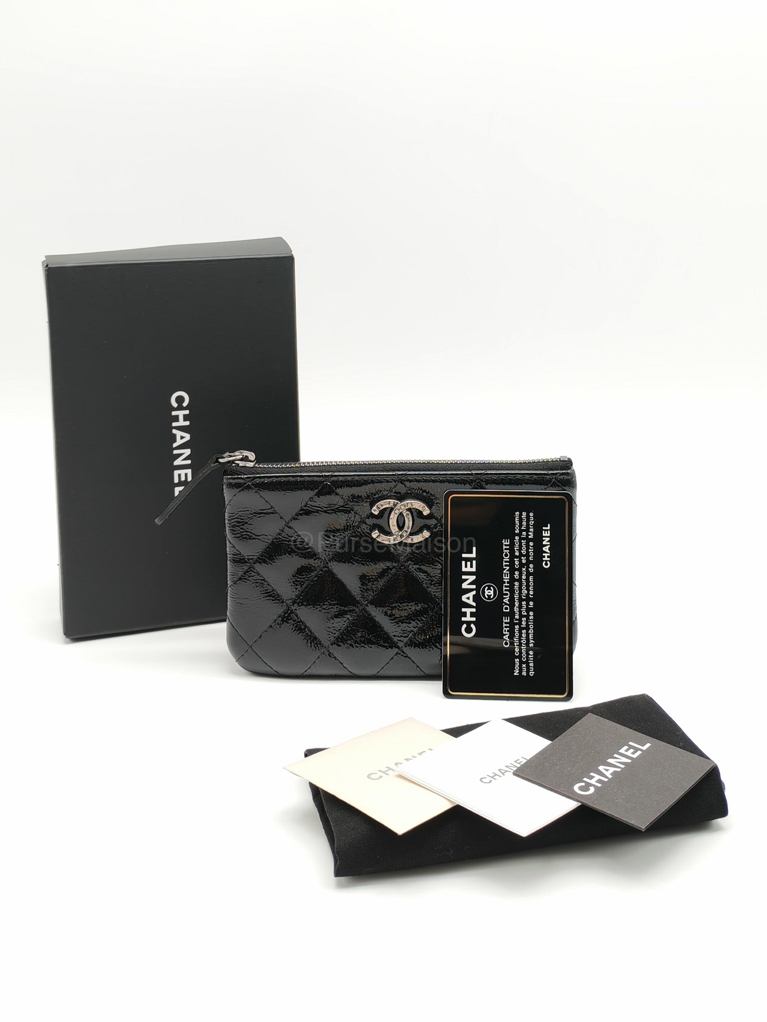 Chanel Mini O-case Coin Purse in Black Quilted Patent Leather Ruthenium Hardware Series 19
