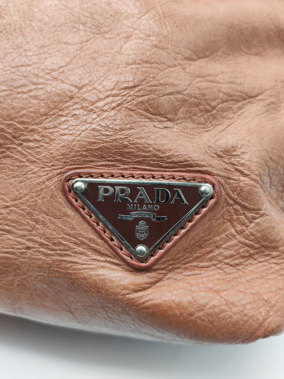 Prada Vitello Shine 2-way Tote Bag in Tan Vitello Daino Leather and Silver Hardware