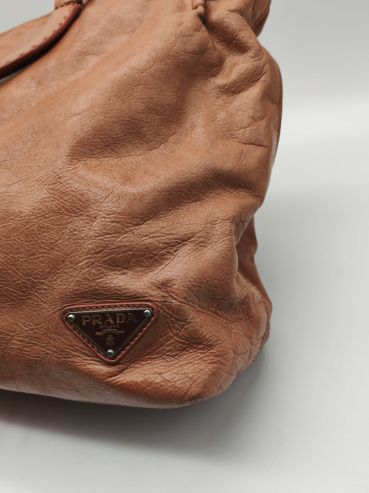 Prada Vitello Shine 2-way Tote Bag in Tan Vitello Daino Leather and Silver Hardware
