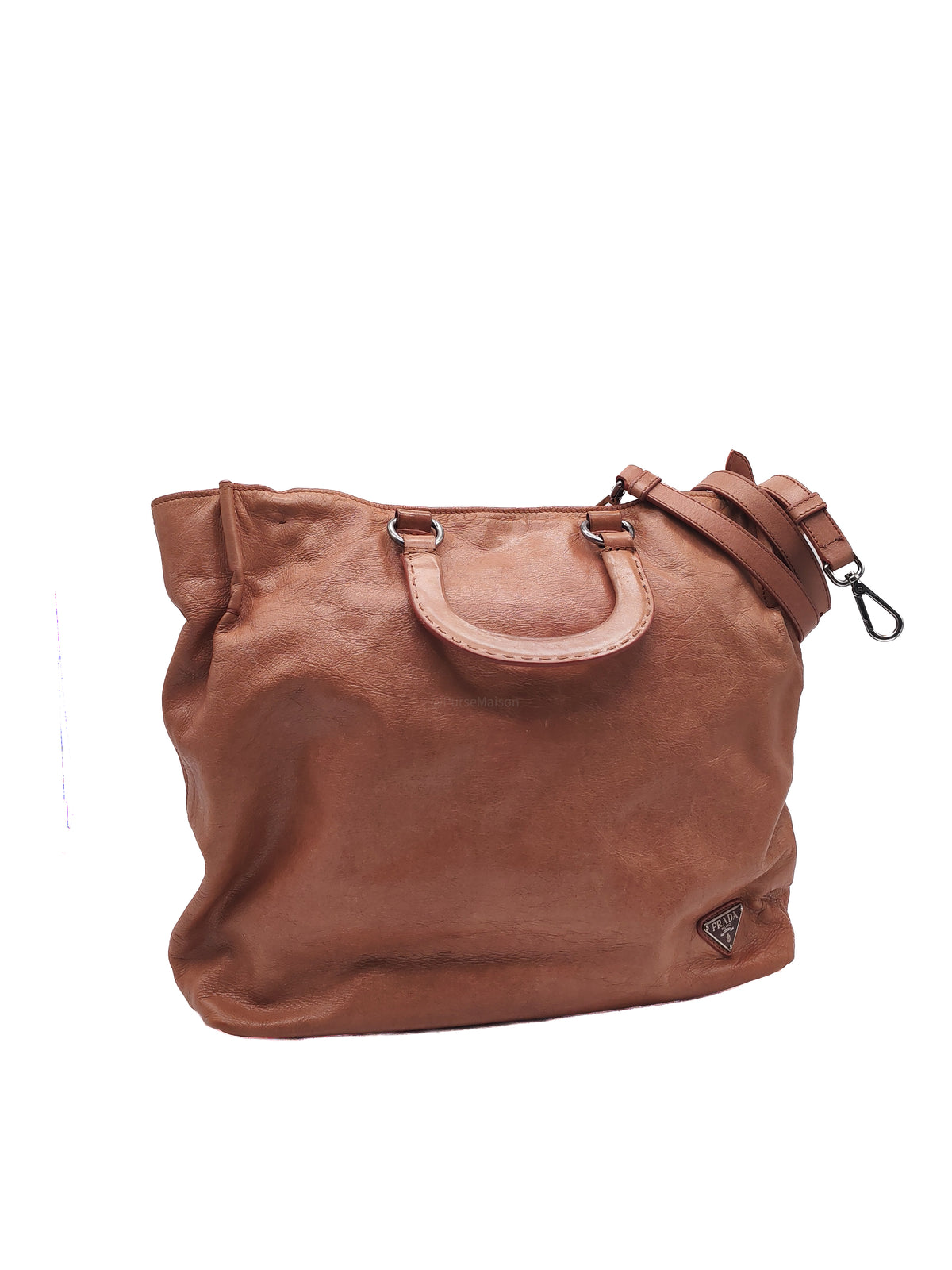 Prada Vitello Shine 2-way Tote Bag in Tan Vitello Daino Leather and Silver Hardware
