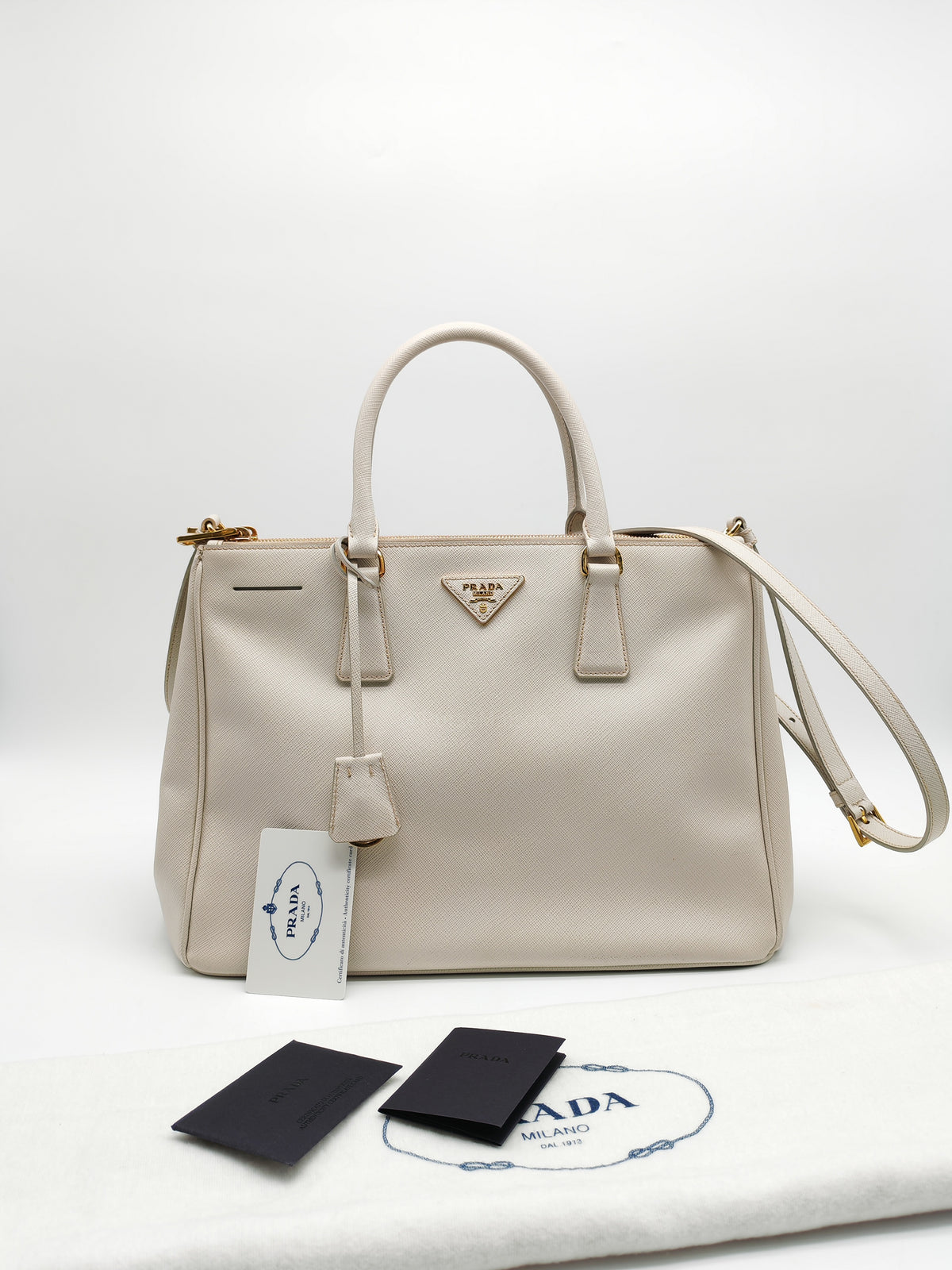 Prada Double Zip Tote Bag in White Galleria Saffiano Leather and Gold Hardware