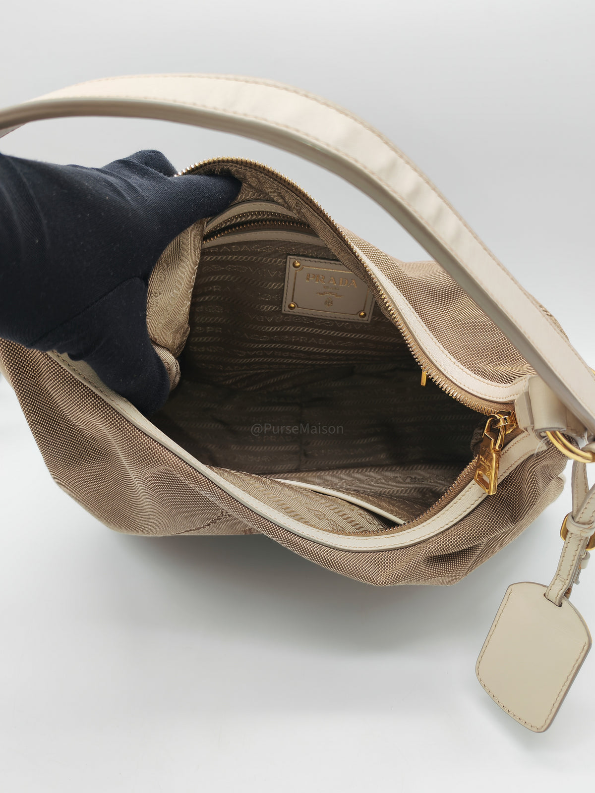 Prada Logo Jacquard Canvas Hobo Bag in Slouchy Brown Monogram Canvas and Gold Hardware
