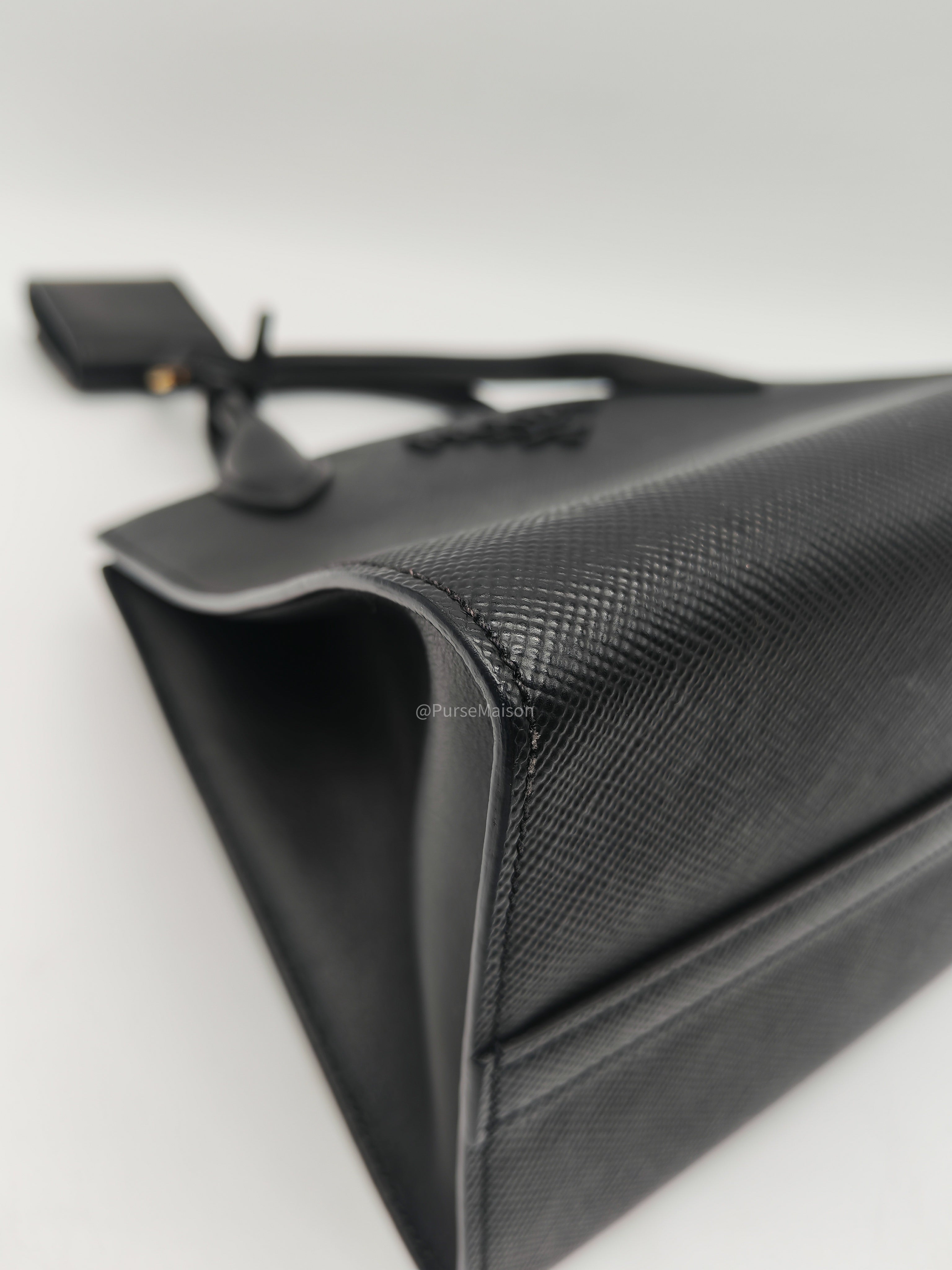 Prada Monochrome Tote Bag Small in Black Saffiano Cuir Calfskin Leather and Gold Hardware