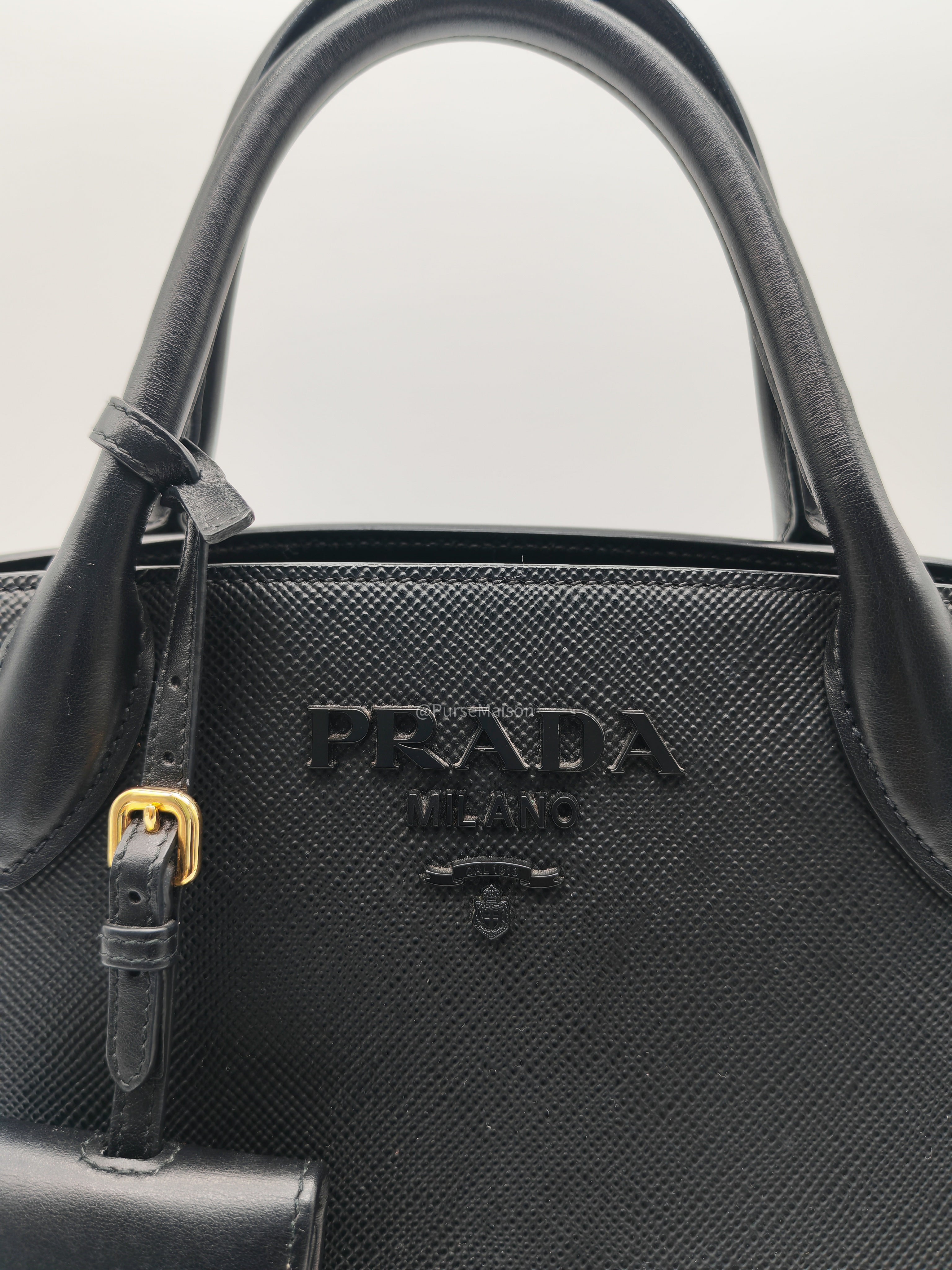 Prada Monochrome Tote Bag Small in Black Saffiano Cuir Calfskin Leather and Gold Hardware