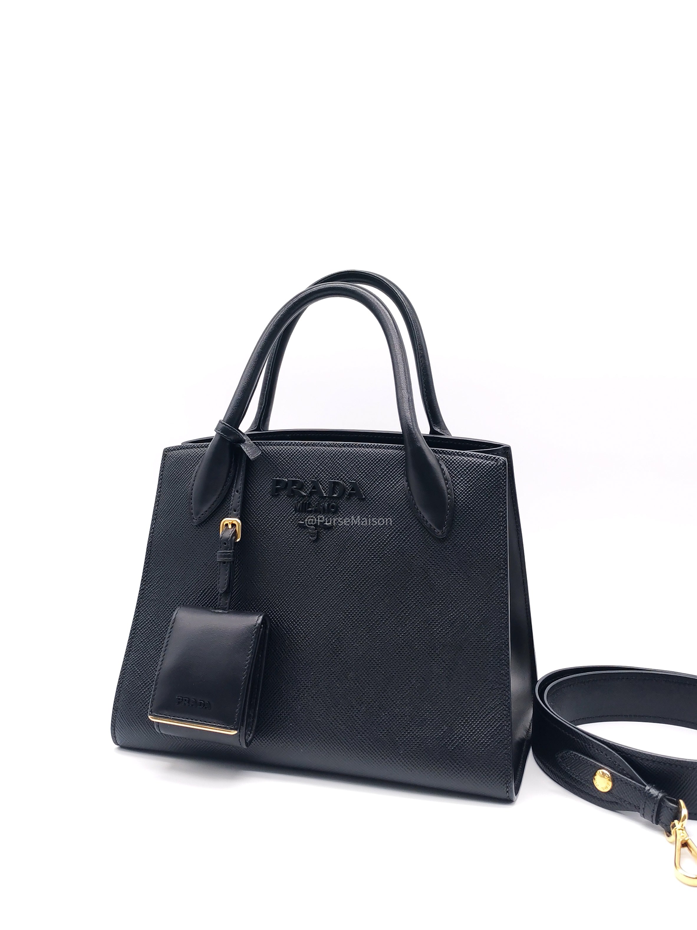 Prada Monochrome Tote Bag Small in Black Saffiano Cuir Calfskin Leather and Gold Hardware