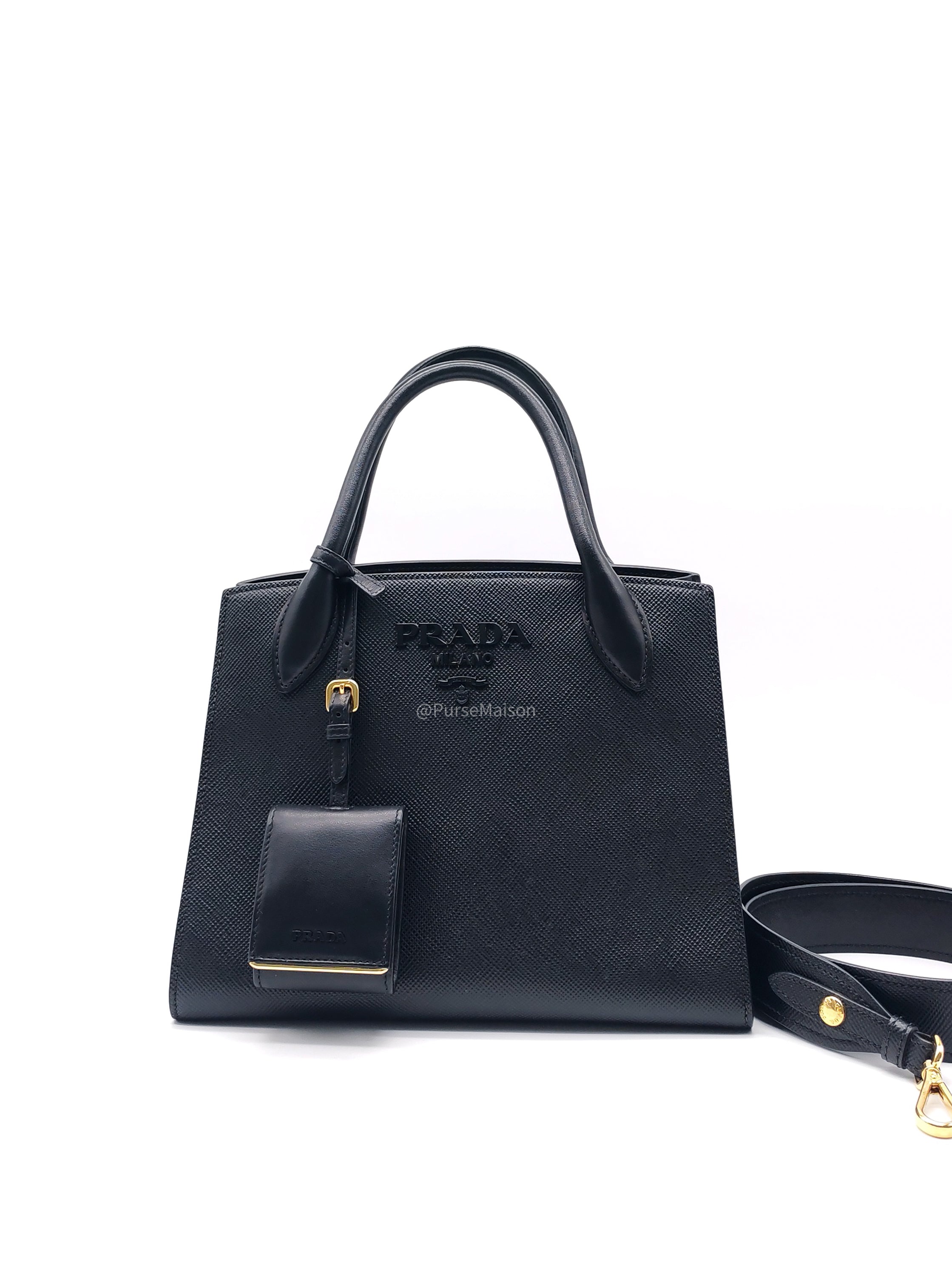 Prada Monochrome Tote Bag Small in Black Saffiano Cuir Calfskin Leather and Gold Hardware