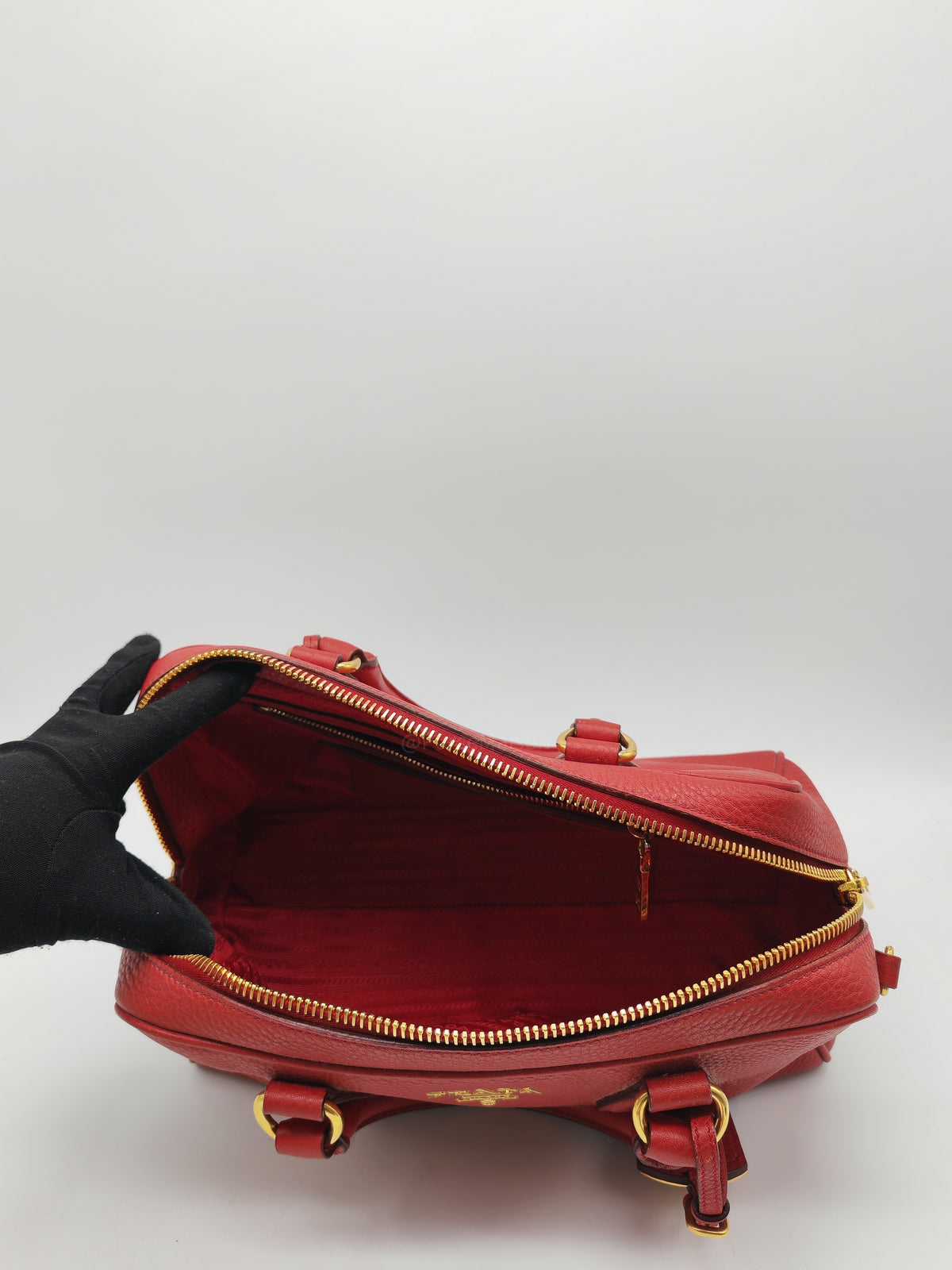 Prada Vitello Daino Bowling Bag in Red Bauletto Leather and Gold Hardware