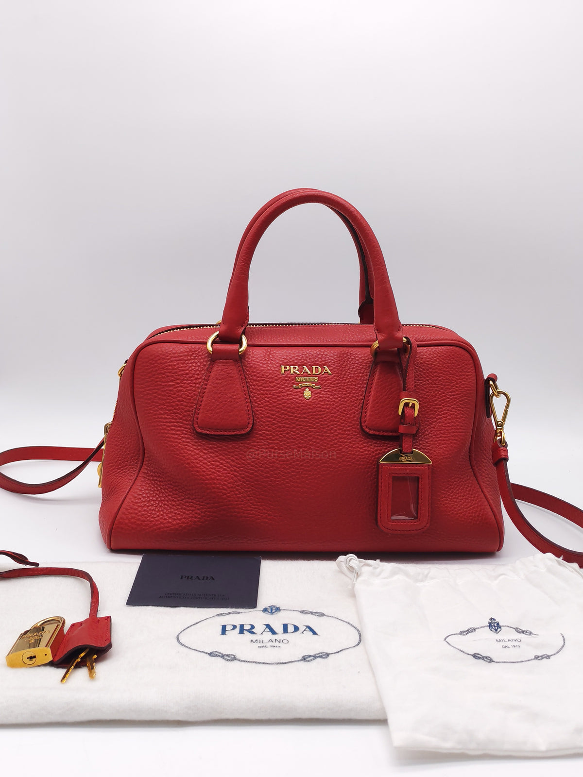 Prada Vitello Daino Bowling Bag in Red Bauletto Leather and Gold Hardware