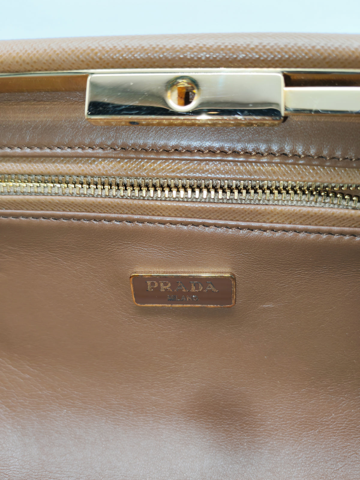 Prada Envelope Clutch in Brown Saffiano Leather and Gold Hardware