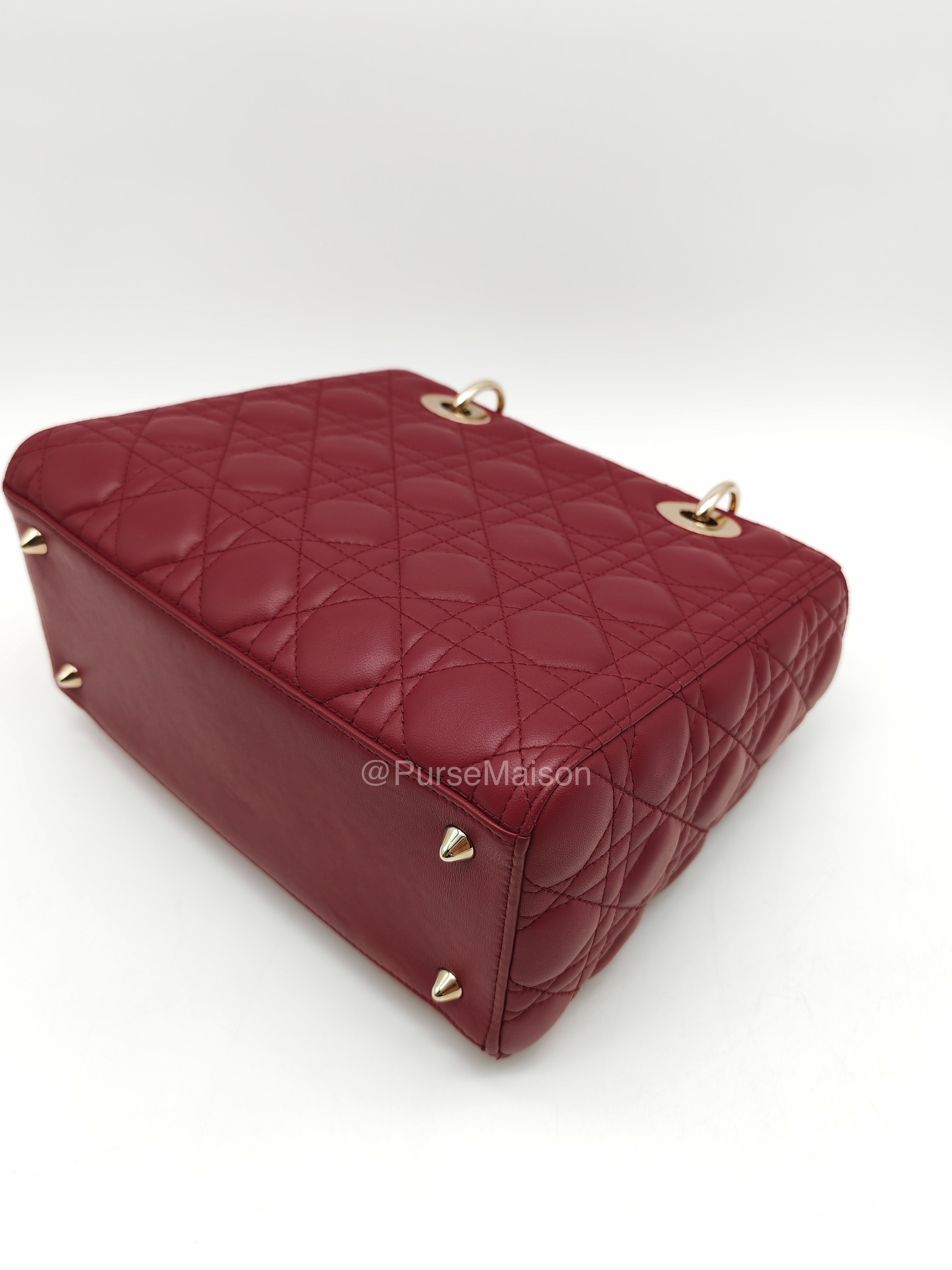 Christian Dior Lady Dior Medium in Dark Red Cannage Quilted Lambskin Leather and Light Gold Hardware