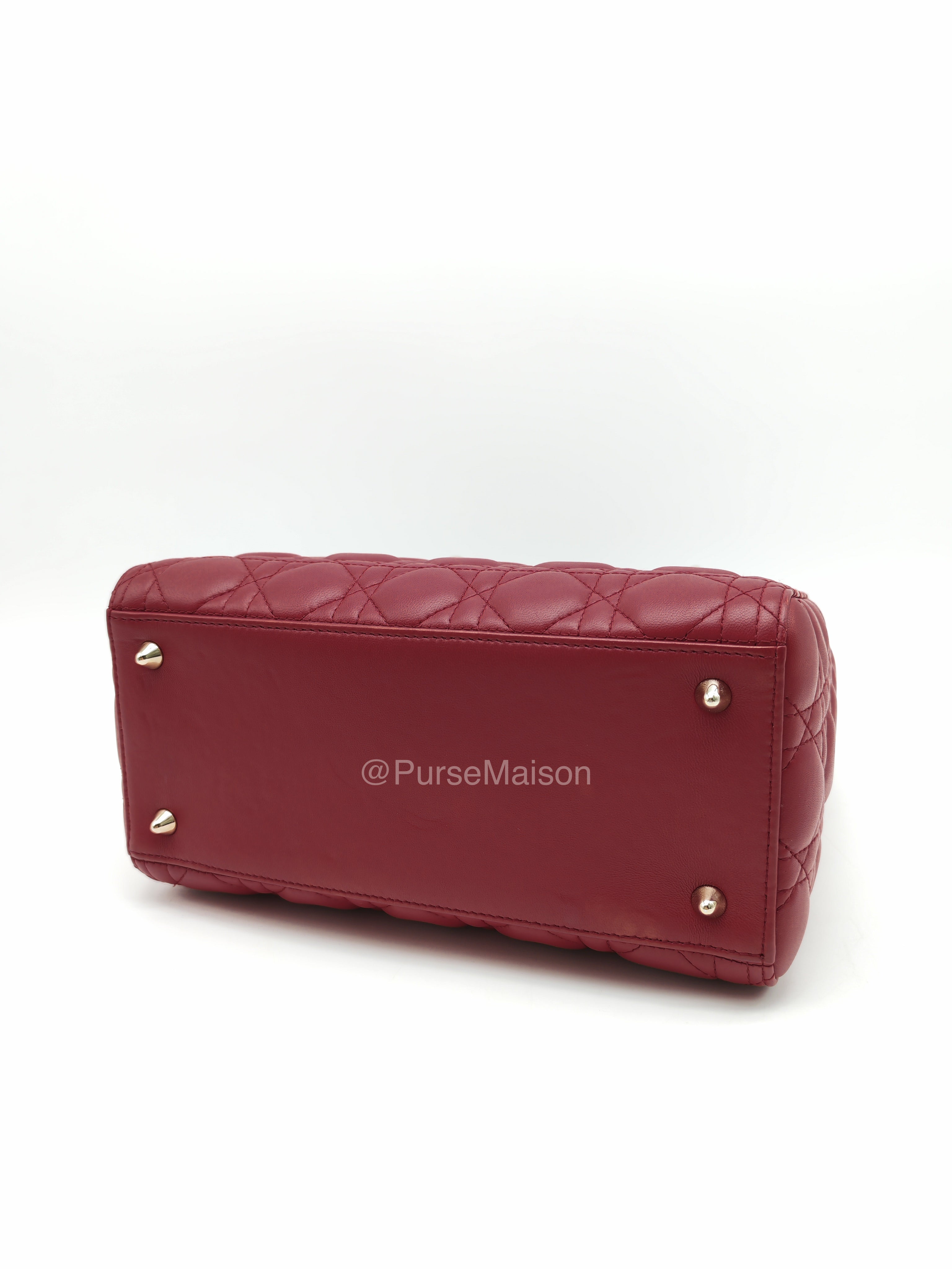 Christian Dior Lady Dior Medium in Dark Red Cannage Quilted Lambskin Leather and Light Gold Hardware
