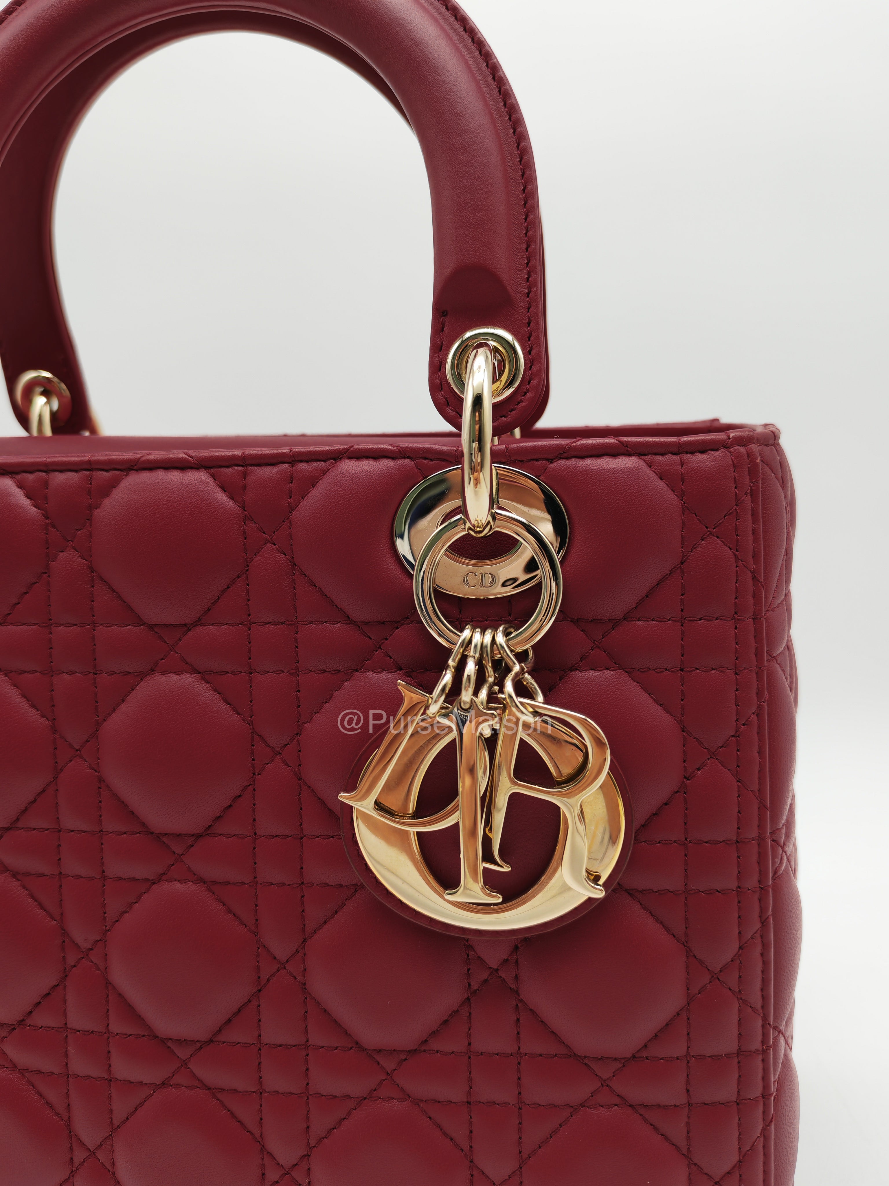Christian Dior Lady Dior Medium in Dark Red Cannage Quilted Lambskin Leather and Light Gold Hardware