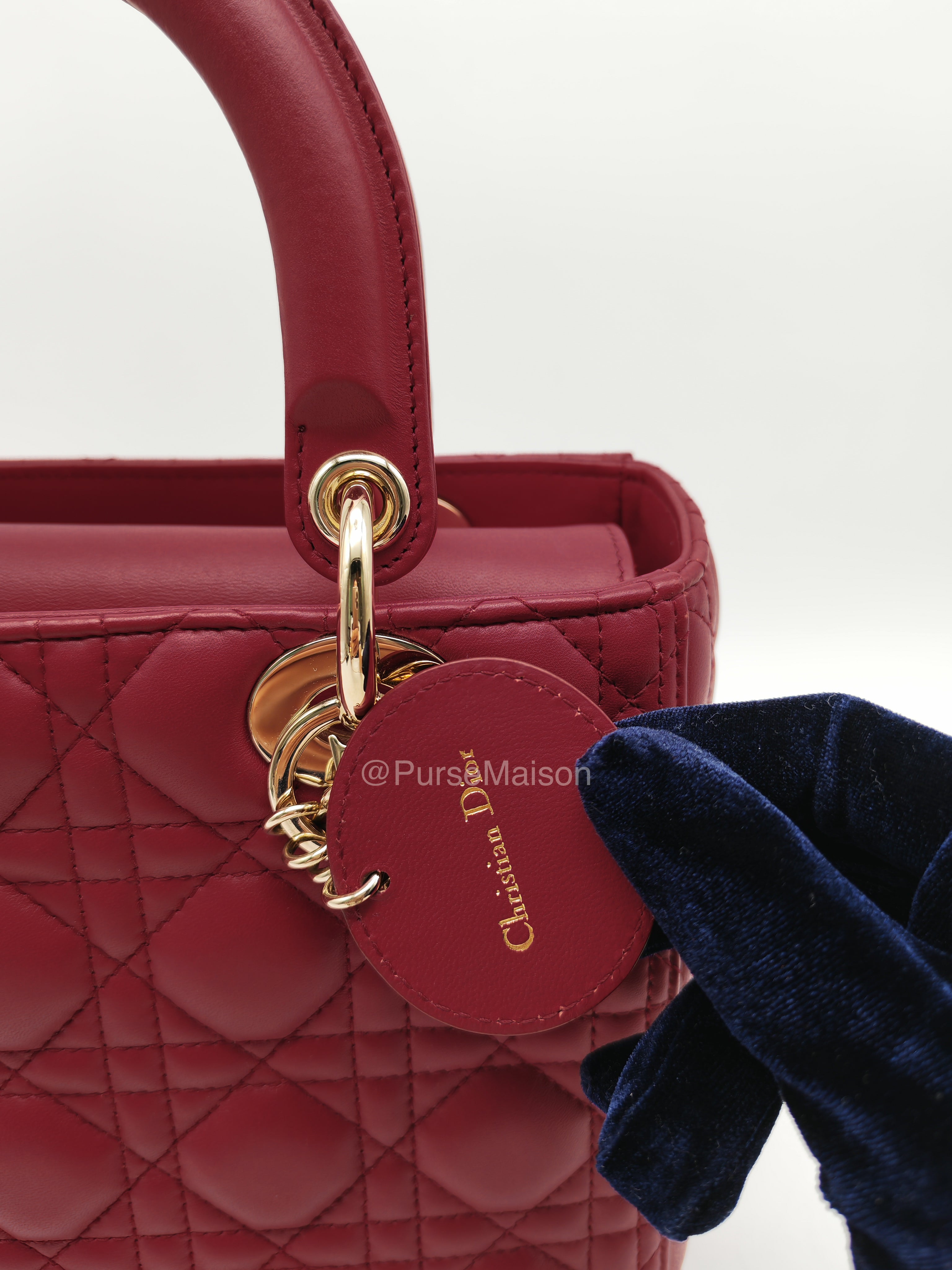 Christian Dior Lady Dior Medium in Dark Red Cannage Quilted Lambskin Leather and Light Gold Hardware
