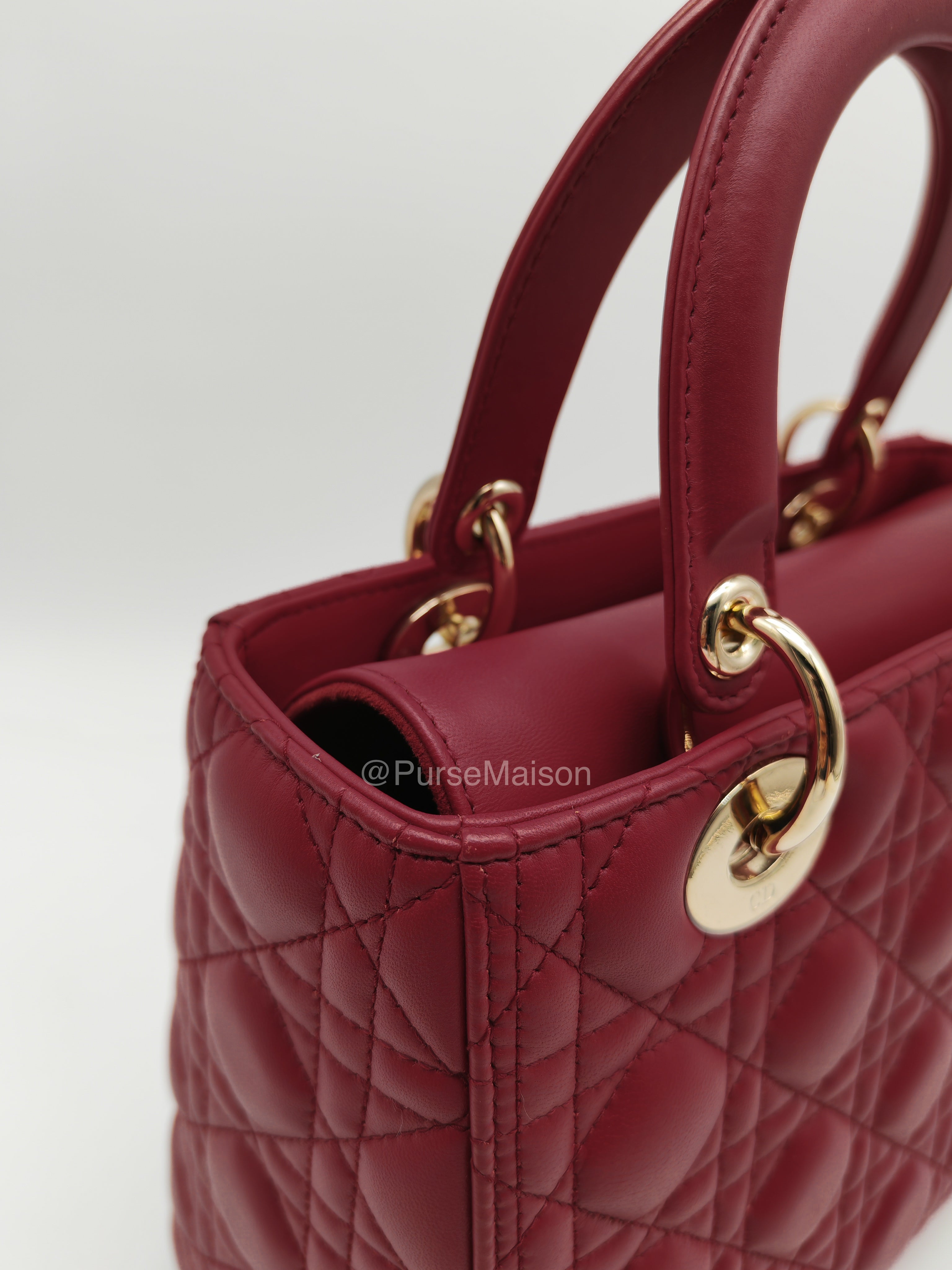 Christian Dior Lady Dior Medium in Dark Red Cannage Quilted Lambskin Leather and Light Gold Hardware