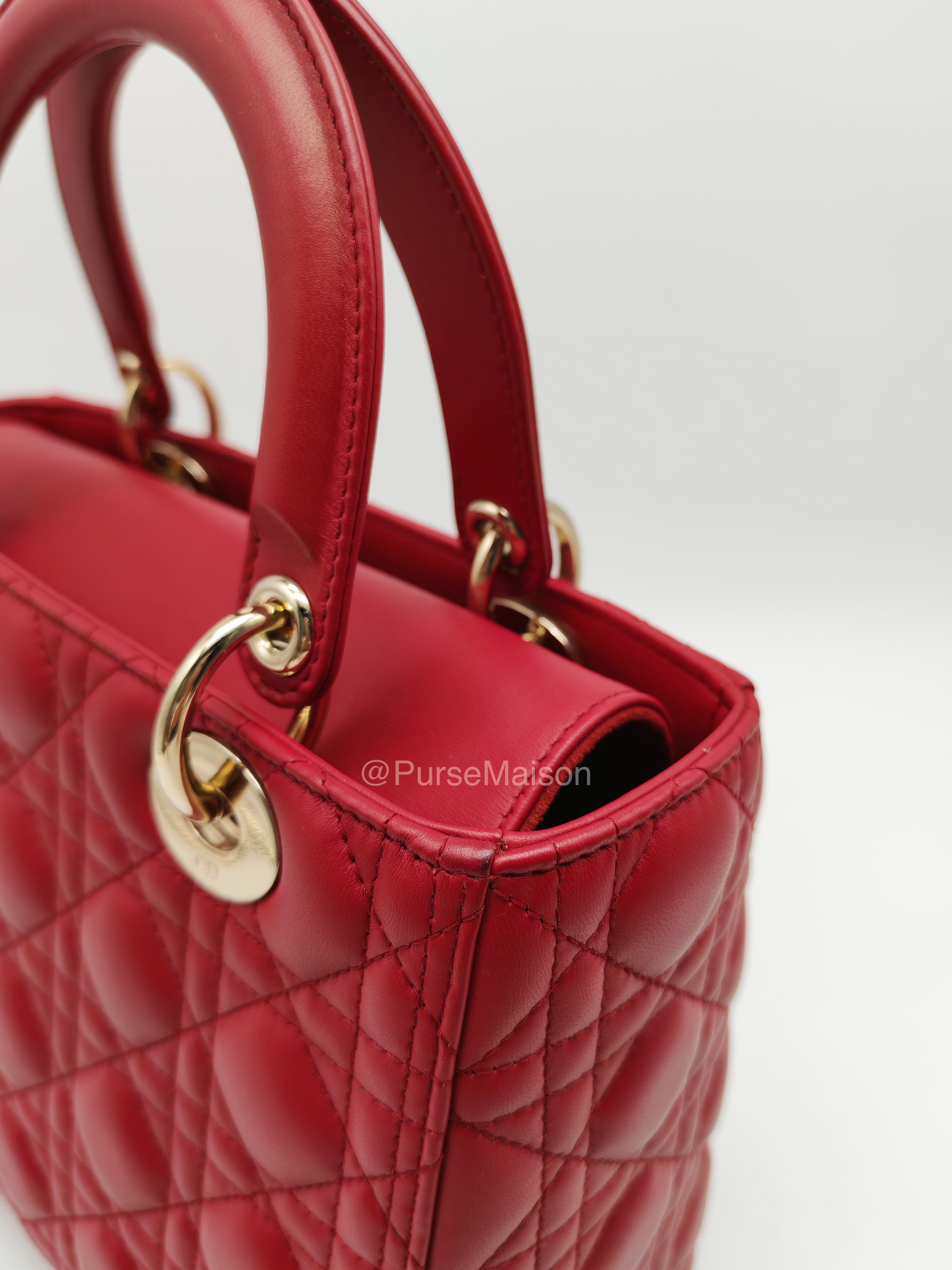 Christian Dior Lady Dior Medium in Dark Red Cannage Quilted Lambskin Leather and Light Gold Hardware