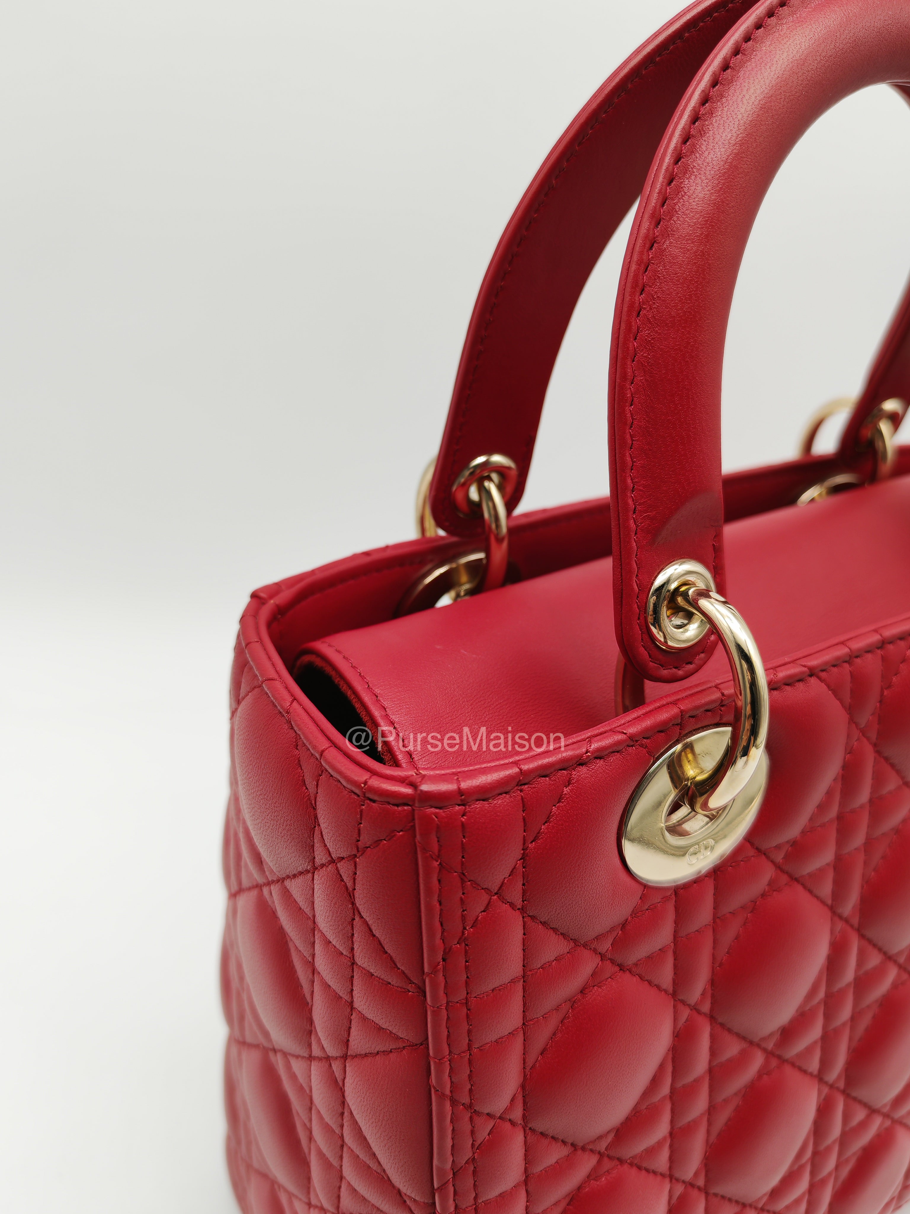 Christian Dior Lady Dior Medium in Dark Red Cannage Quilted Lambskin Leather and Light Gold Hardware
