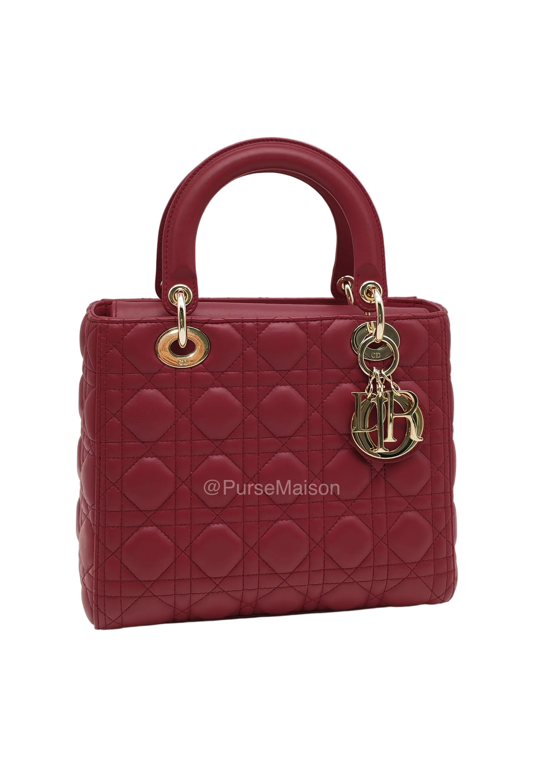 Christian Dior Lady Dior Medium in Dark Red Cannage Quilted Lambskin Leather and Light Gold Hardware