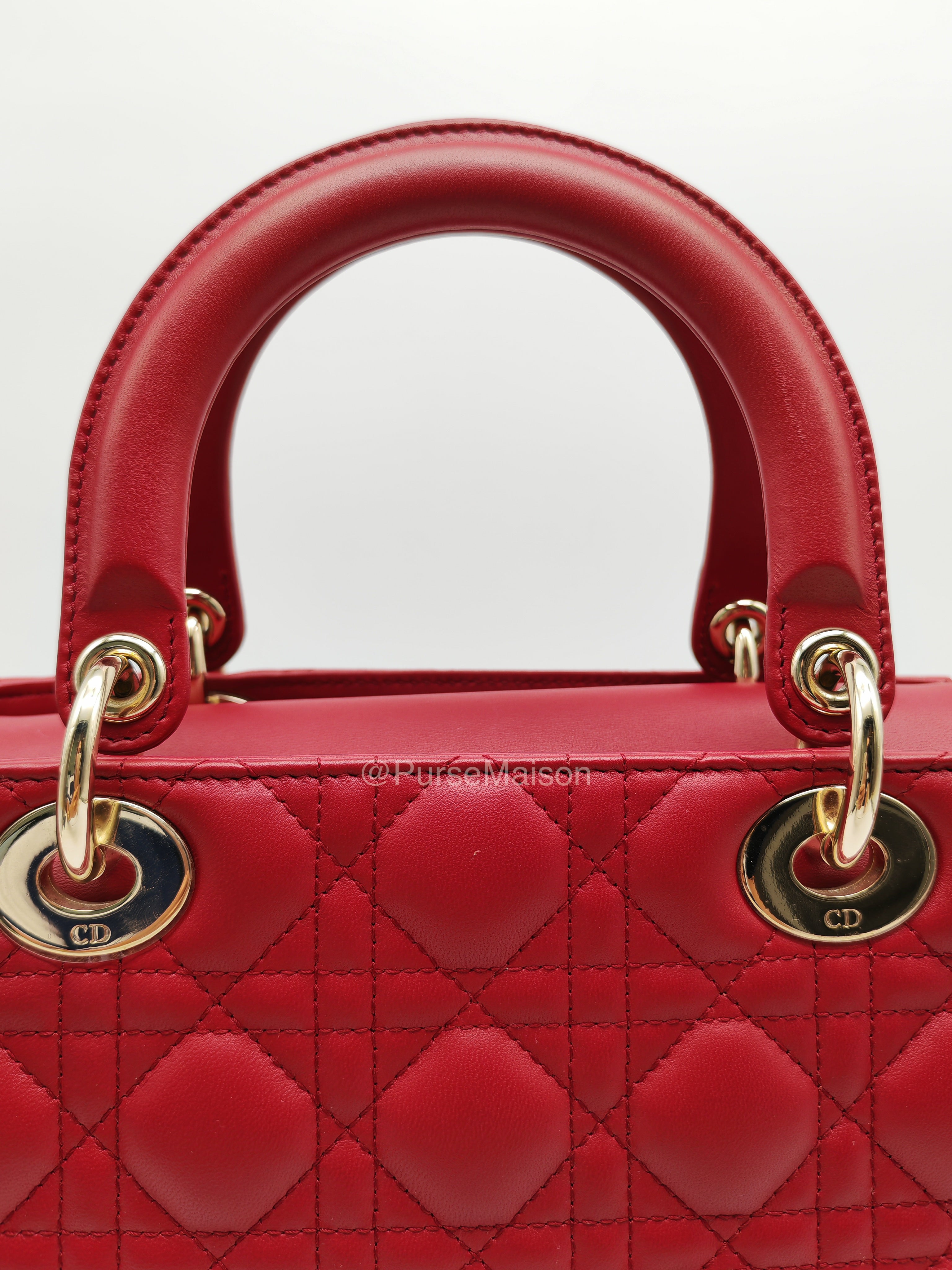Christian Dior Lady Dior Medium in Dark Red Cannage Quilted Lambskin Leather and Light Gold Hardware