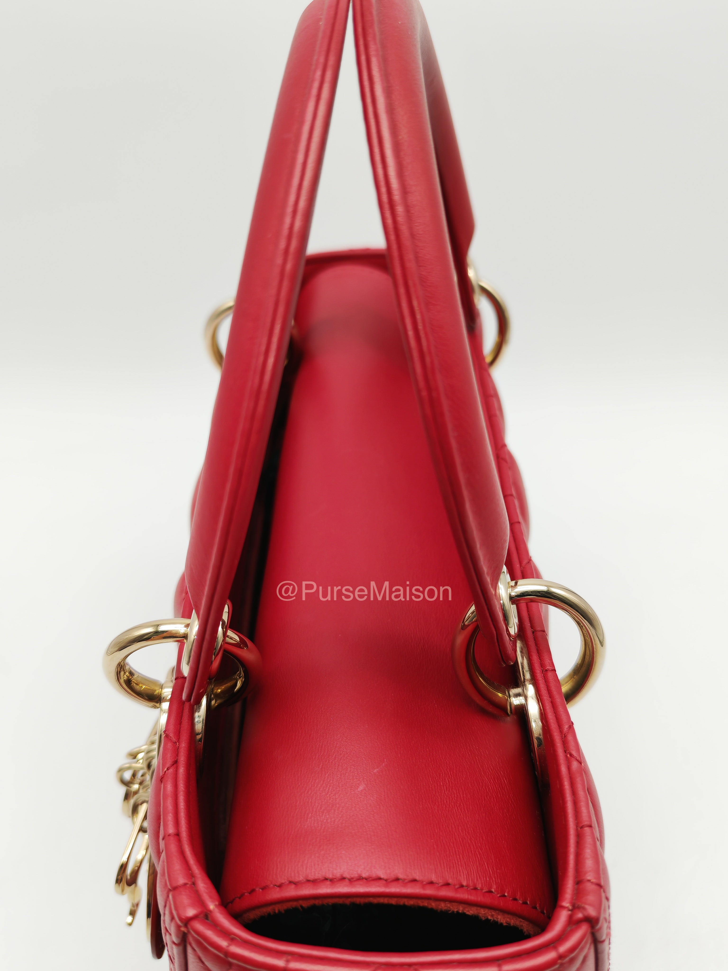 Christian Dior Lady Dior Medium in Dark Red Cannage Quilted Lambskin Leather and Light Gold Hardware
