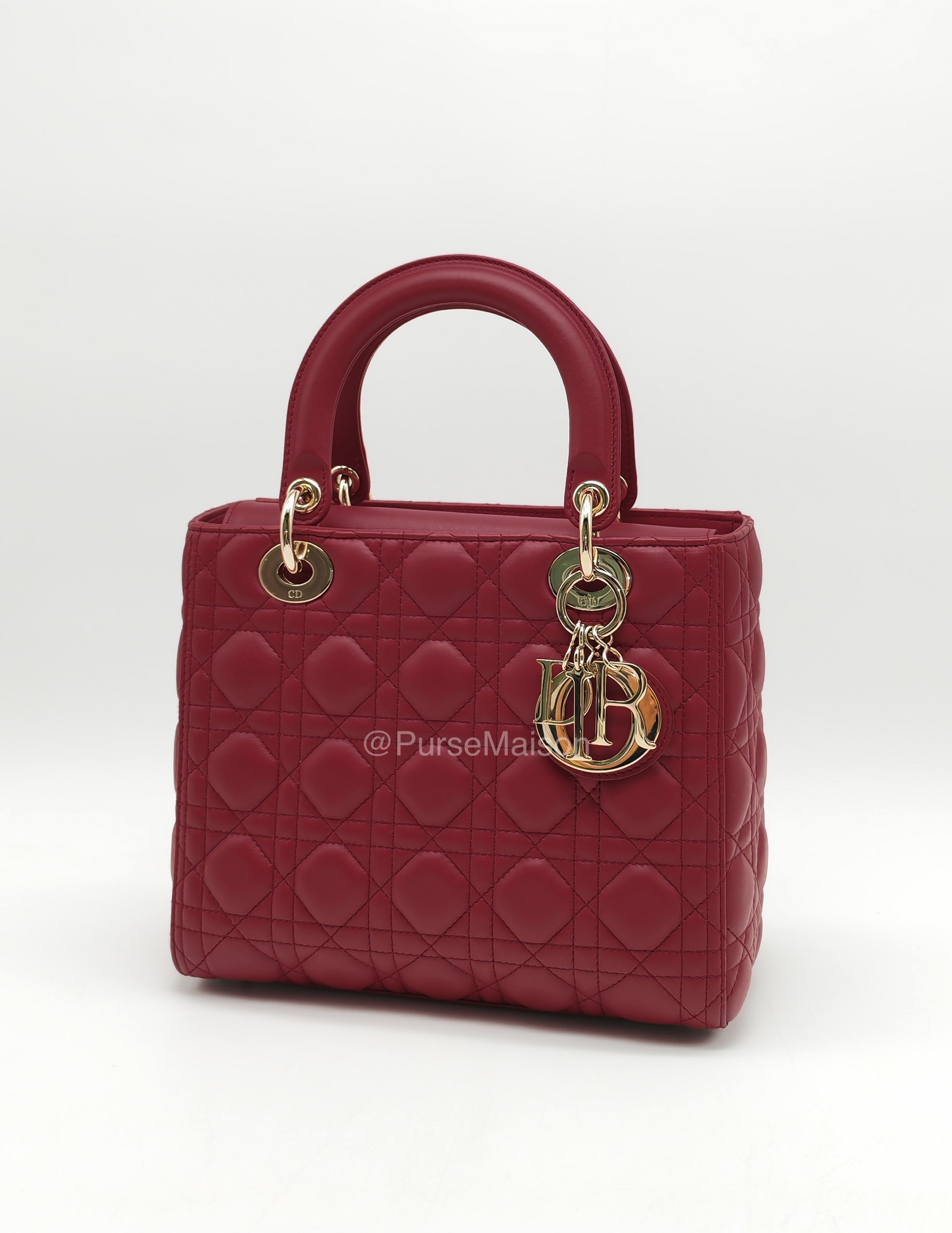 Christian Dior Lady Dior Medium in Dark Red Cannage Quilted Lambskin Leather and Light Gold Hardware