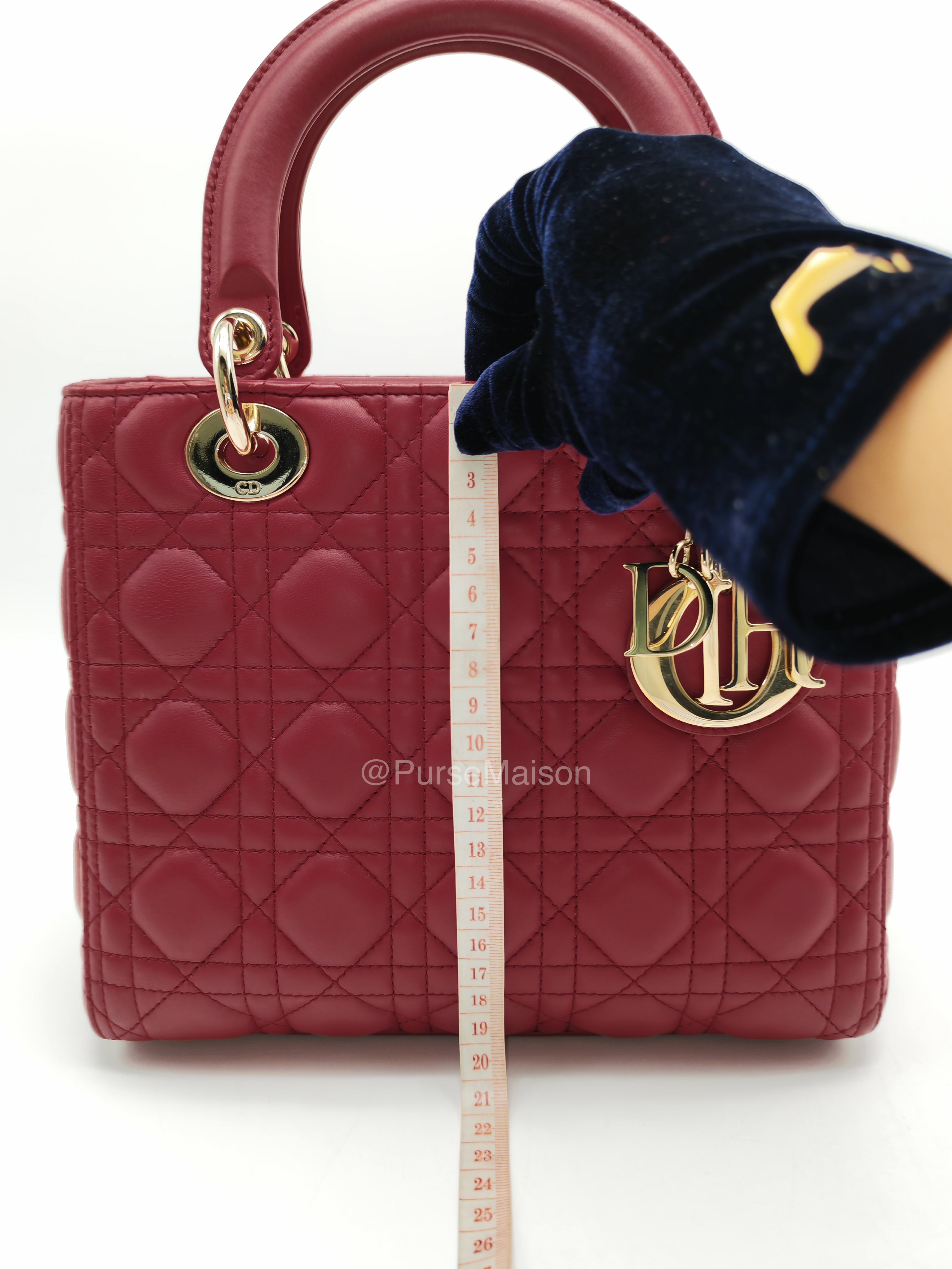 Christian Dior Lady Dior Medium in Dark Red Cannage Quilted Lambskin Leather and Light Gold Hardware