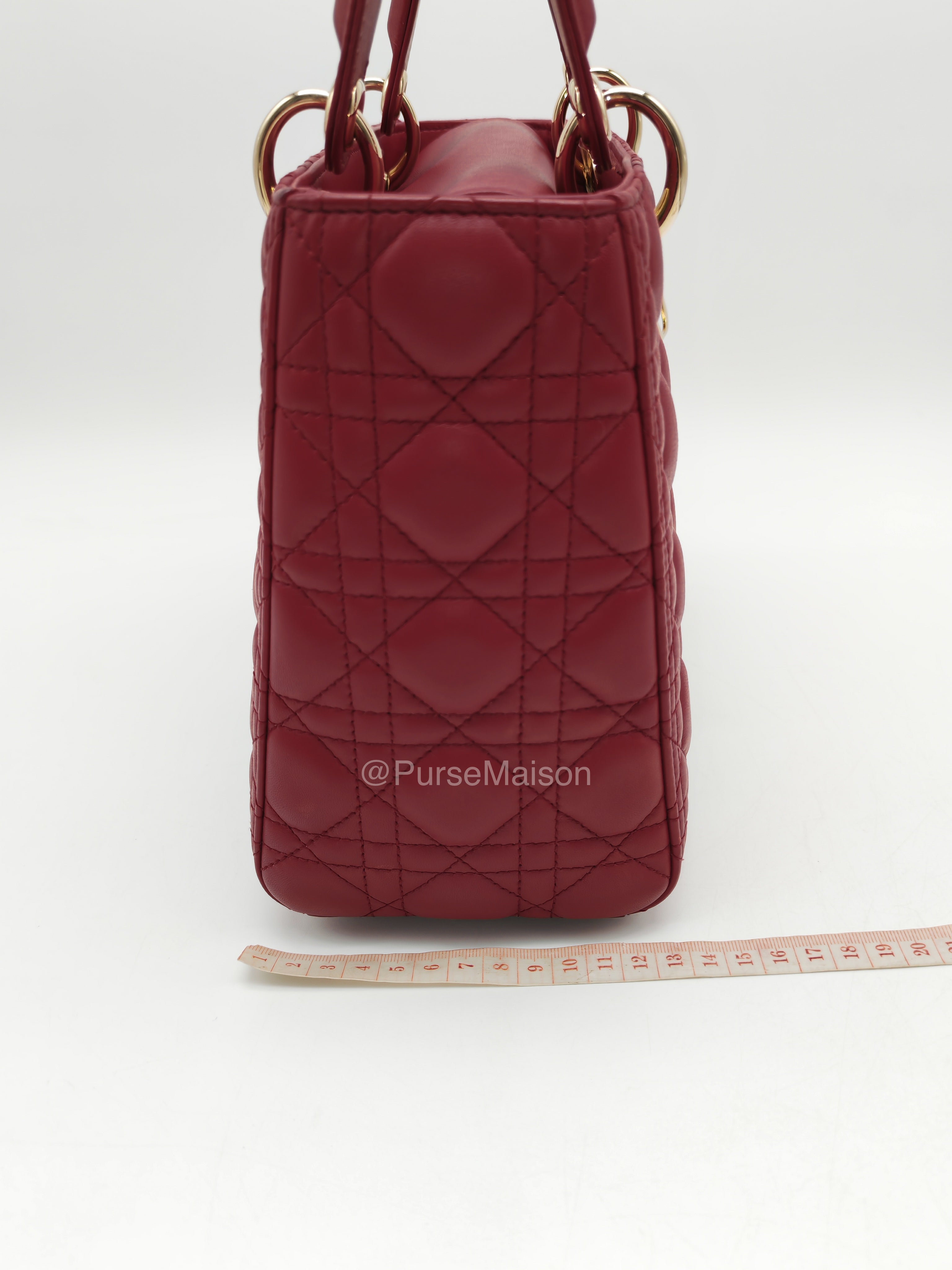 Christian Dior Lady Dior Medium in Dark Red Cannage Quilted Lambskin Leather and Light Gold Hardware