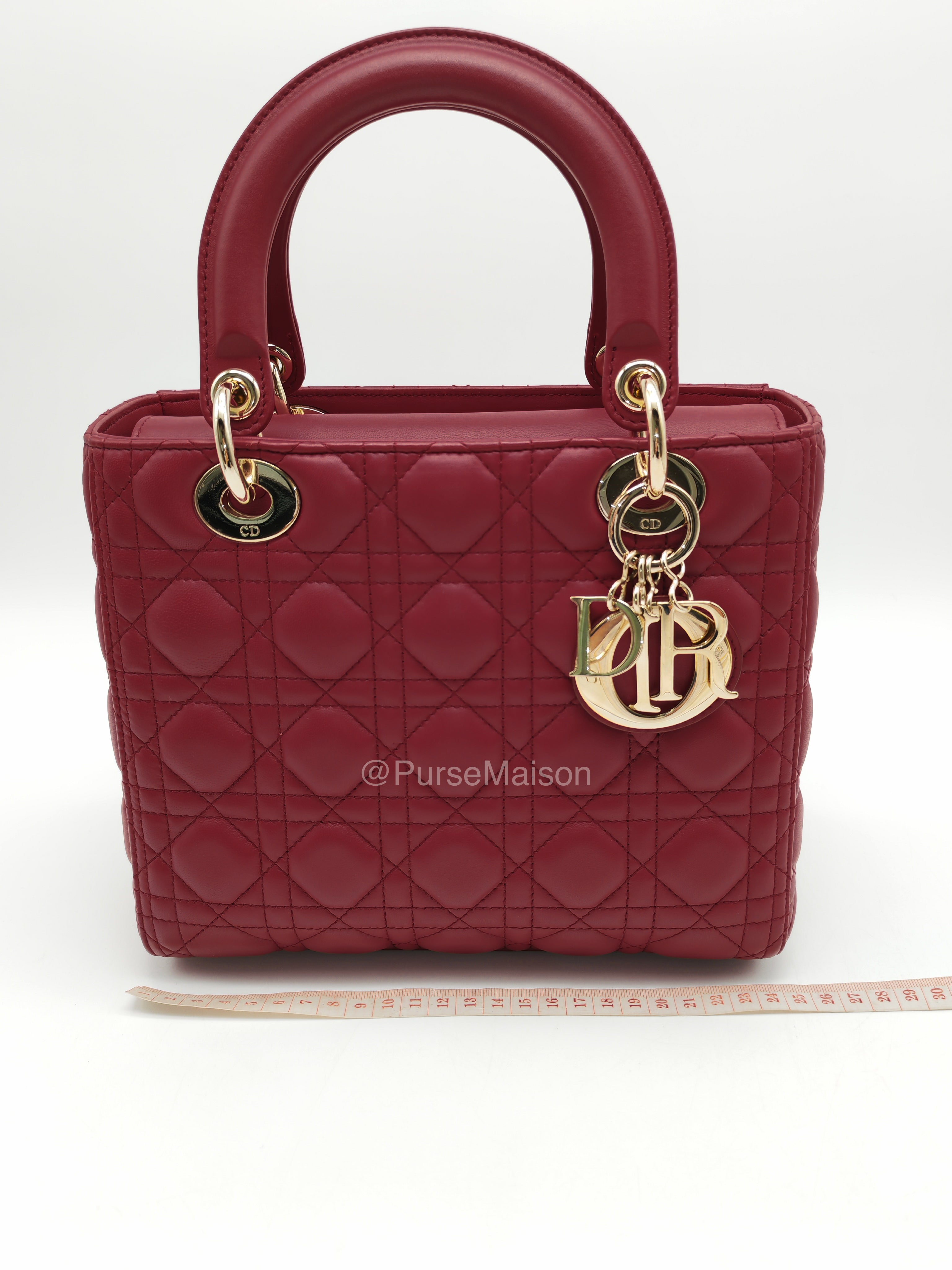 Christian Dior Lady Dior Medium in Dark Red Cannage Quilted Lambskin Leather and Light Gold Hardware