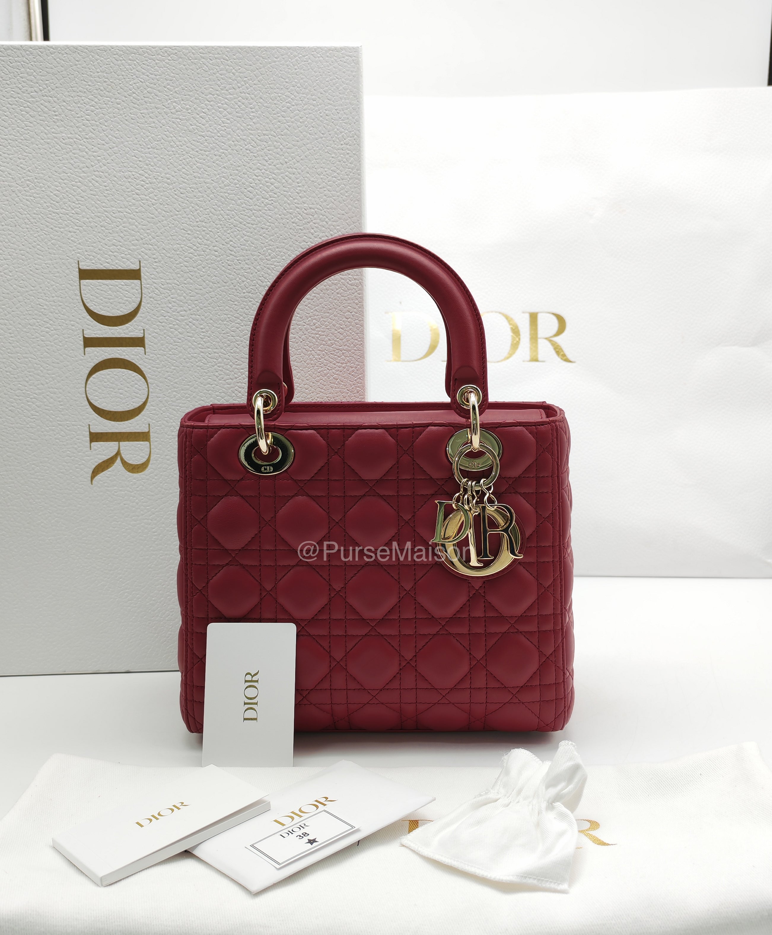 Christian Dior Lady Dior Medium in Dark Red Cannage Quilted Lambskin Leather and Light Gold Hardware