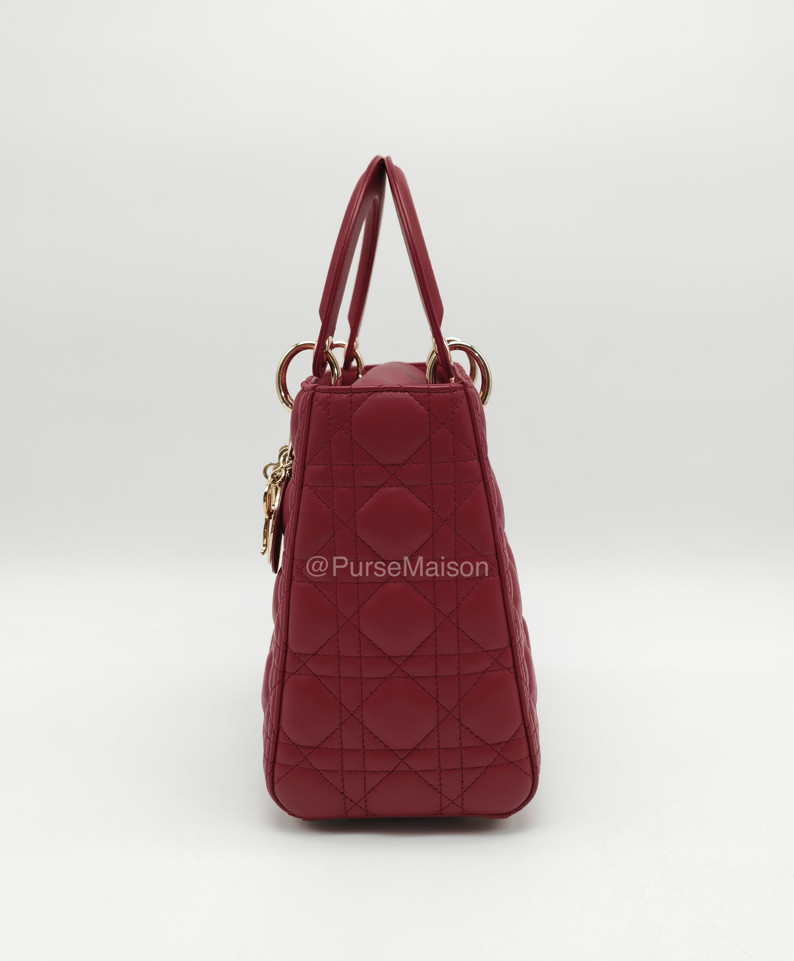Christian Dior Lady Dior Medium in Dark Red Cannage Quilted Lambskin Leather and Light Gold Hardware